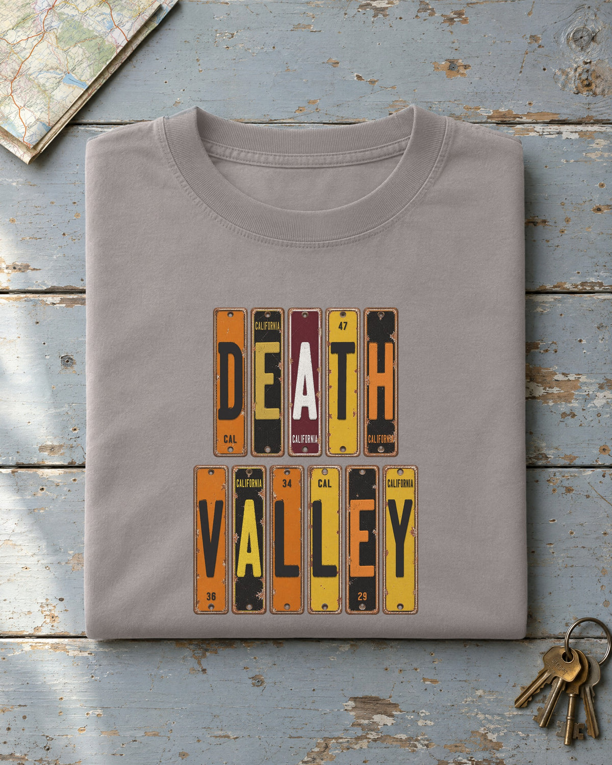 Death Valley, California vintage license plate t-shirt in Grey