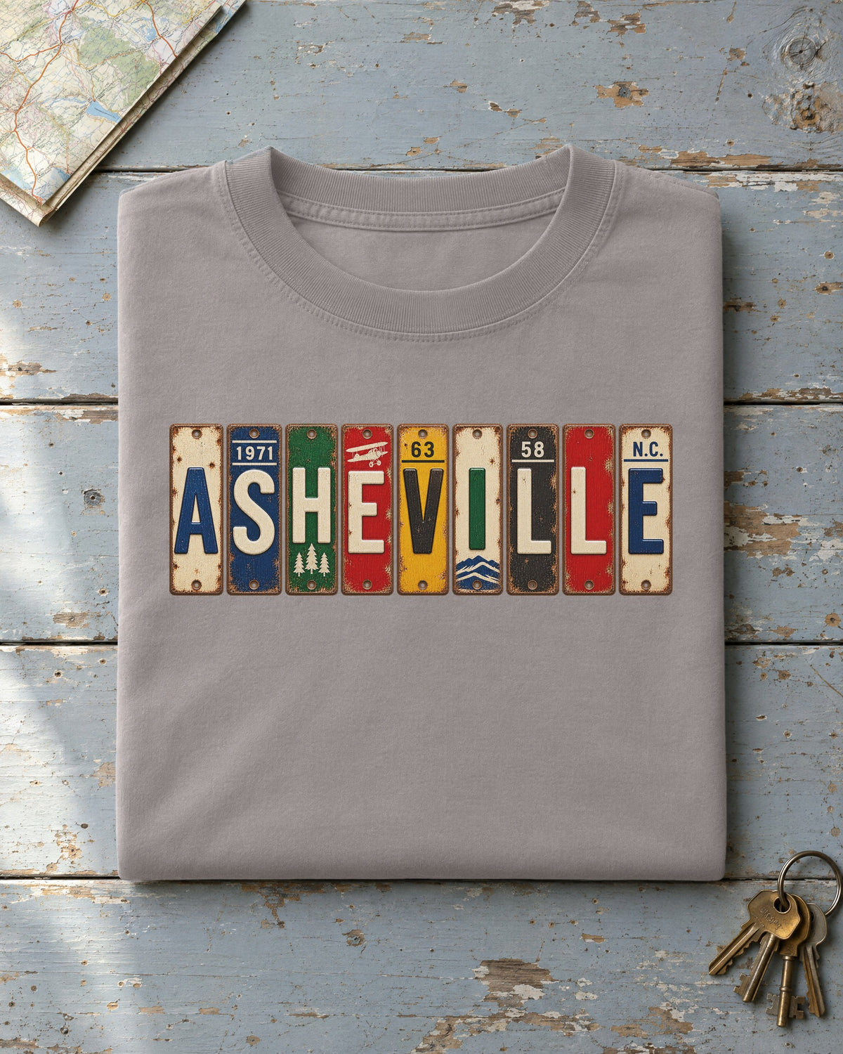 Asheville, North Carolina vintage license plate t-shirt in Grey