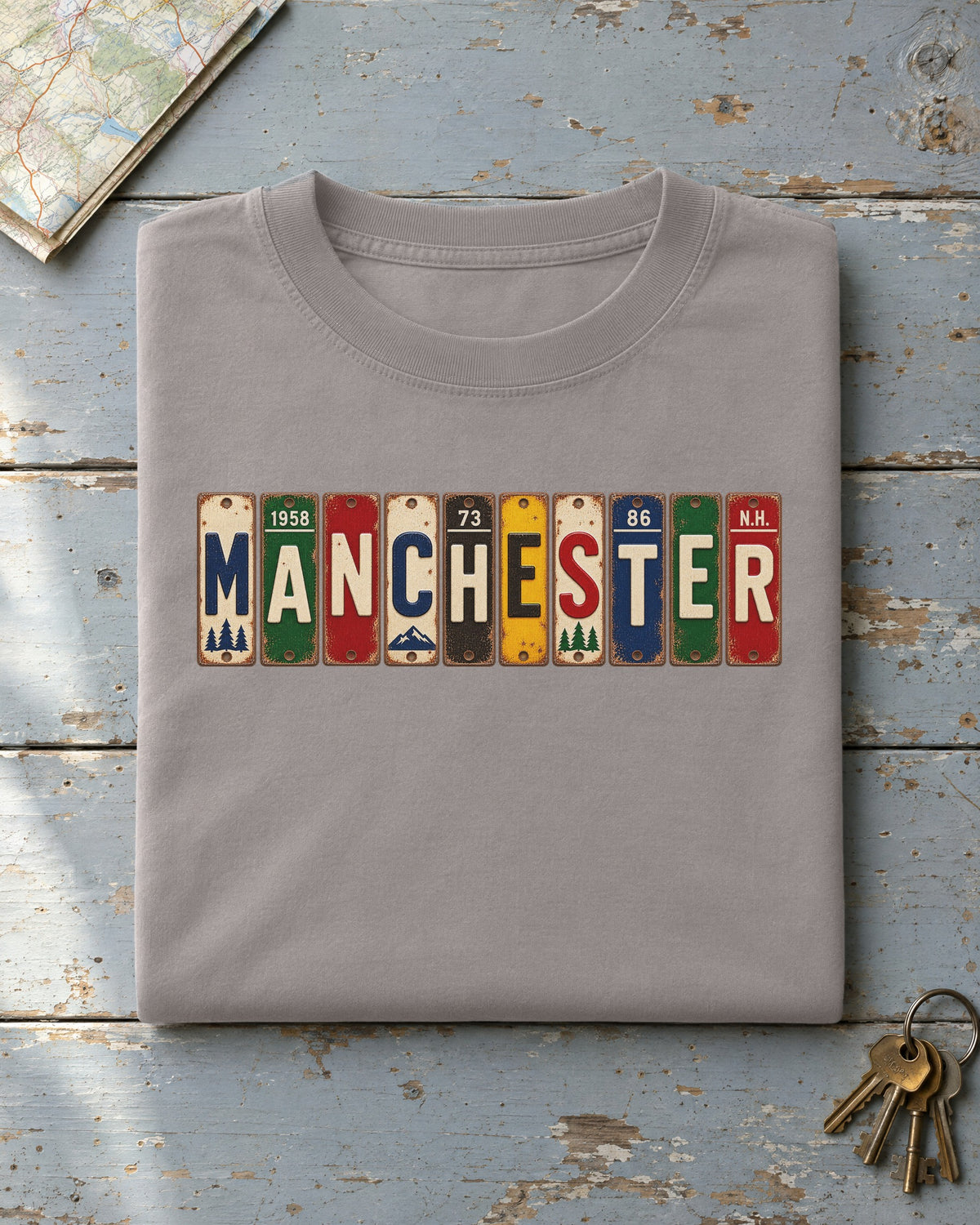 Manchester, New Hampshire vintage license plate t-shirt in Grey
