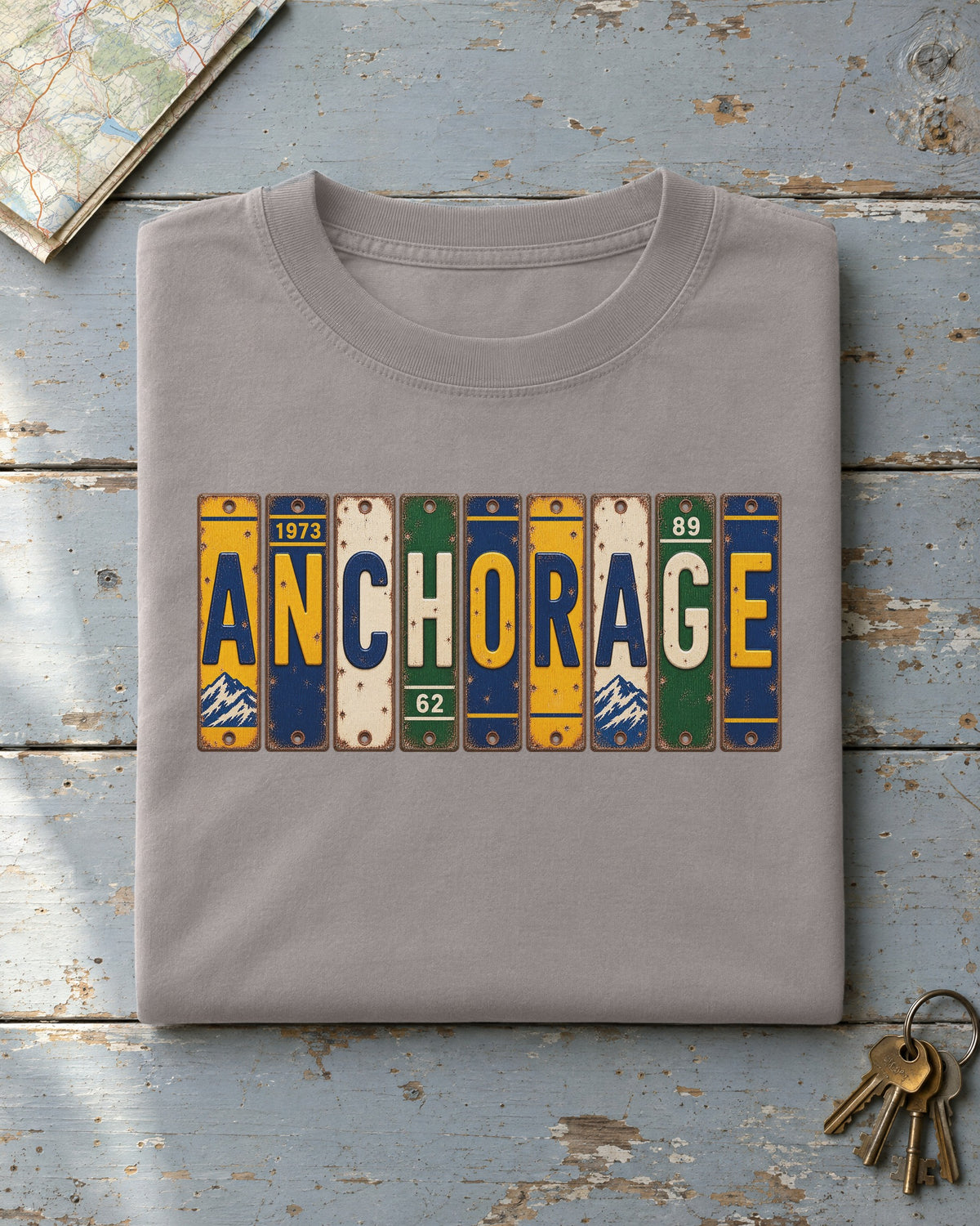 Anchorage, Alaska vintage license plate t-shirt in Grey