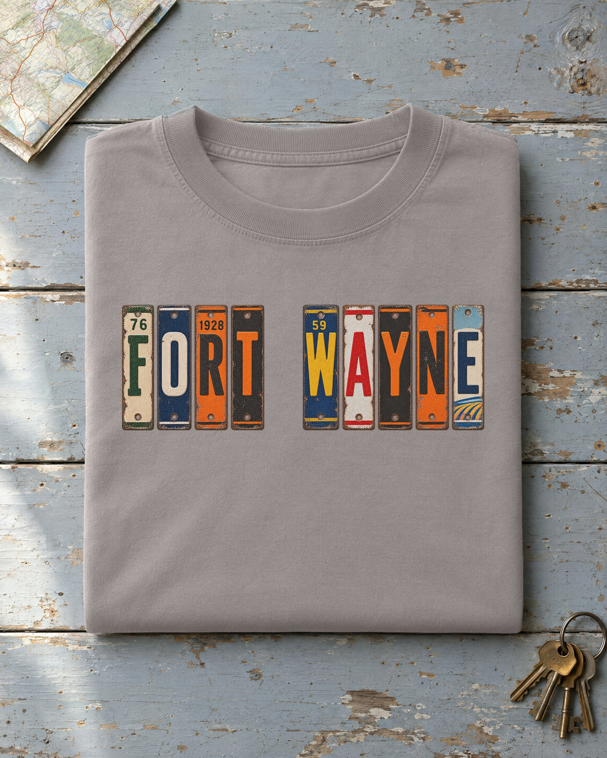 Fort Wayne, Indiana vintage license plate t-shirt in Grey