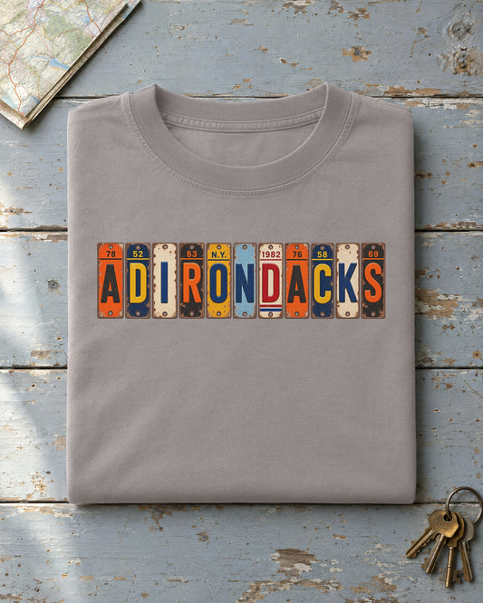 Adirondacks, New York vintage license plate t-shirt in Grey