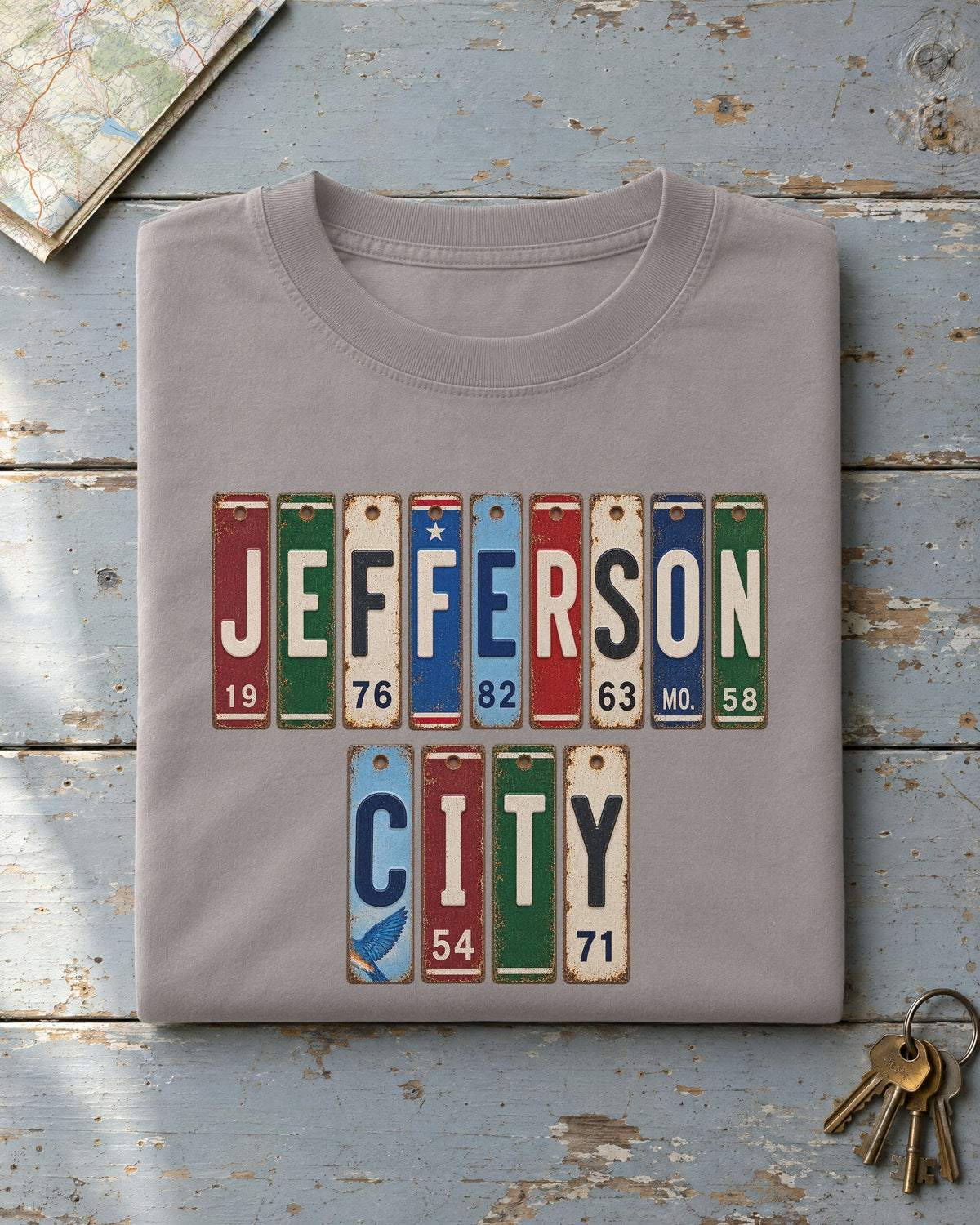 Jefferson City, Missouri vintage license plate t-shirt in Grey