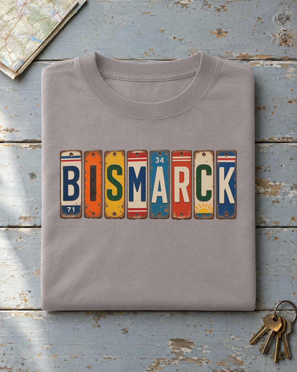 Bismarck, North Dakota vintage license plate t-shirt in Grey