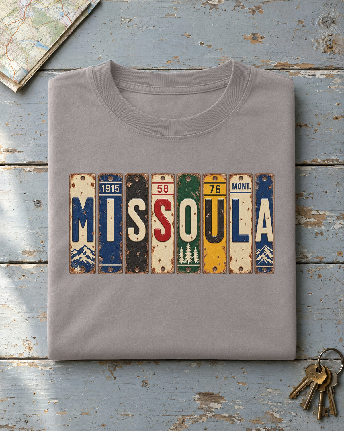Missoula, Montana vintage license plate t-shirt in Grey