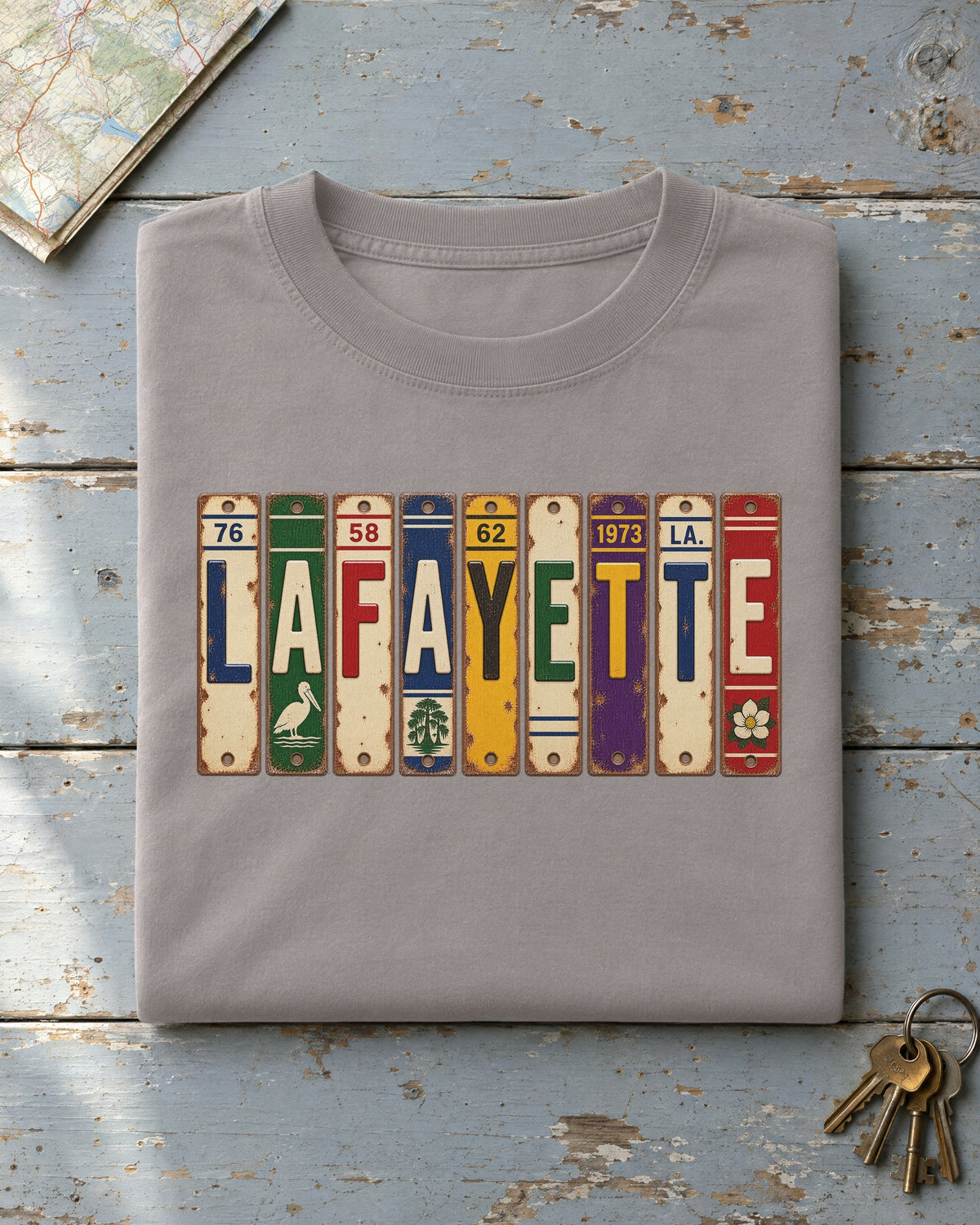 Lafayette, Louisiana vintage license plate t-shirt in Grey