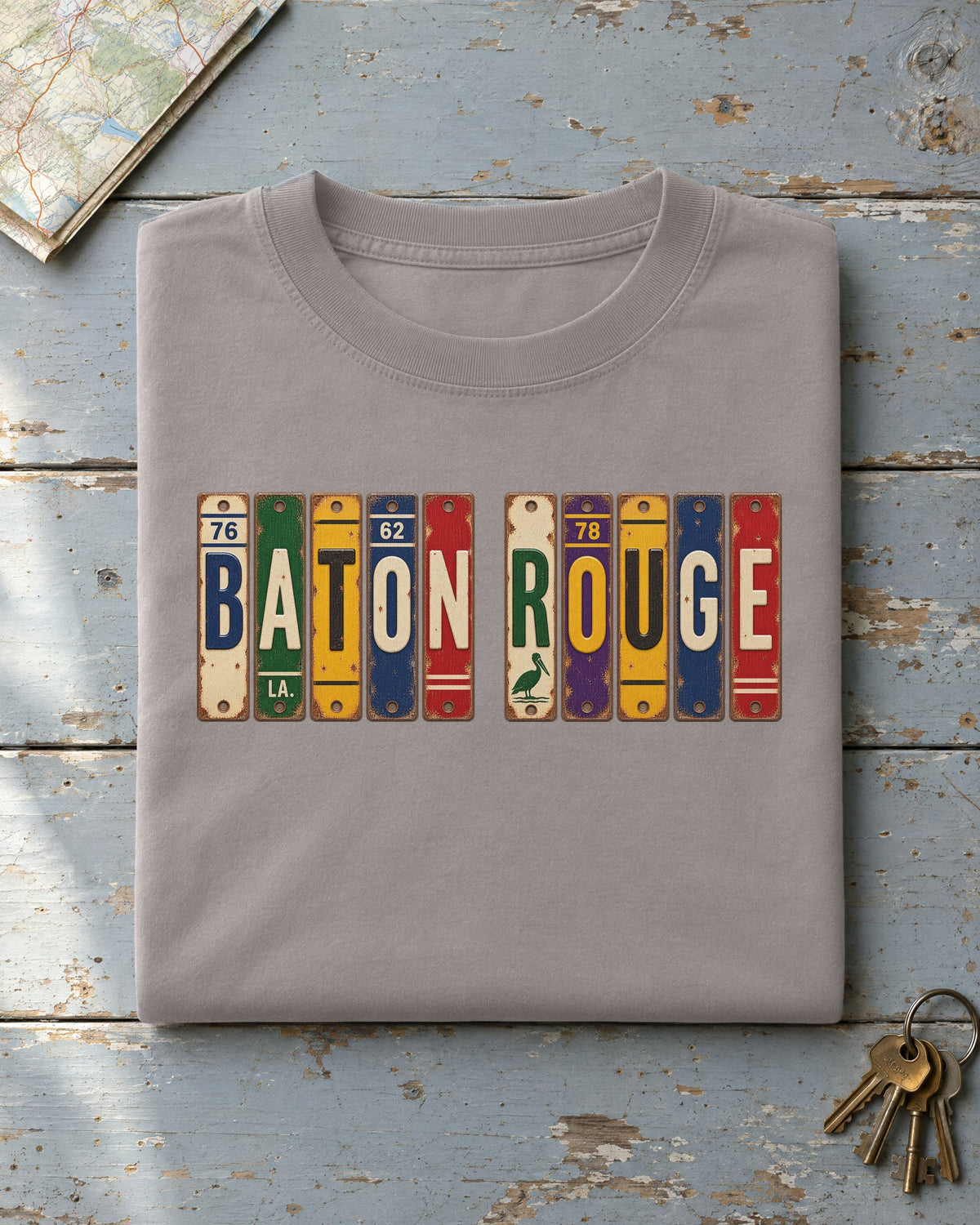 Baton Rouge, Louisiana vintage license plate t-shirt in Grey