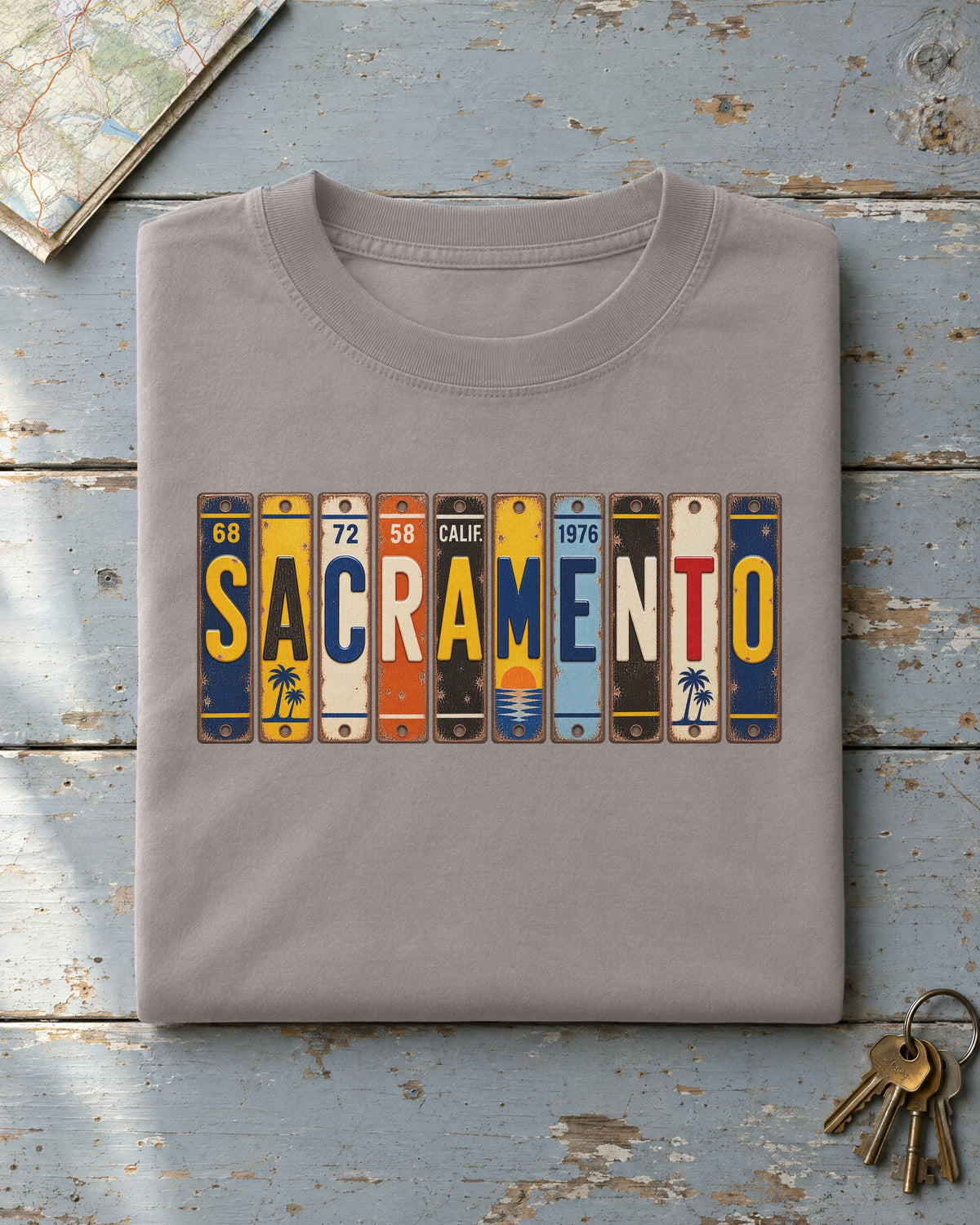 Sacramento, California vintage license plate t-shirt in Grey