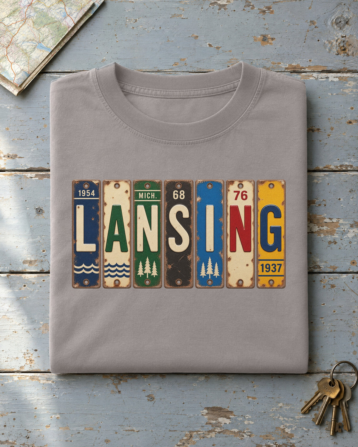 Lansing, Michigan vintage license plate t-shirt in Grey