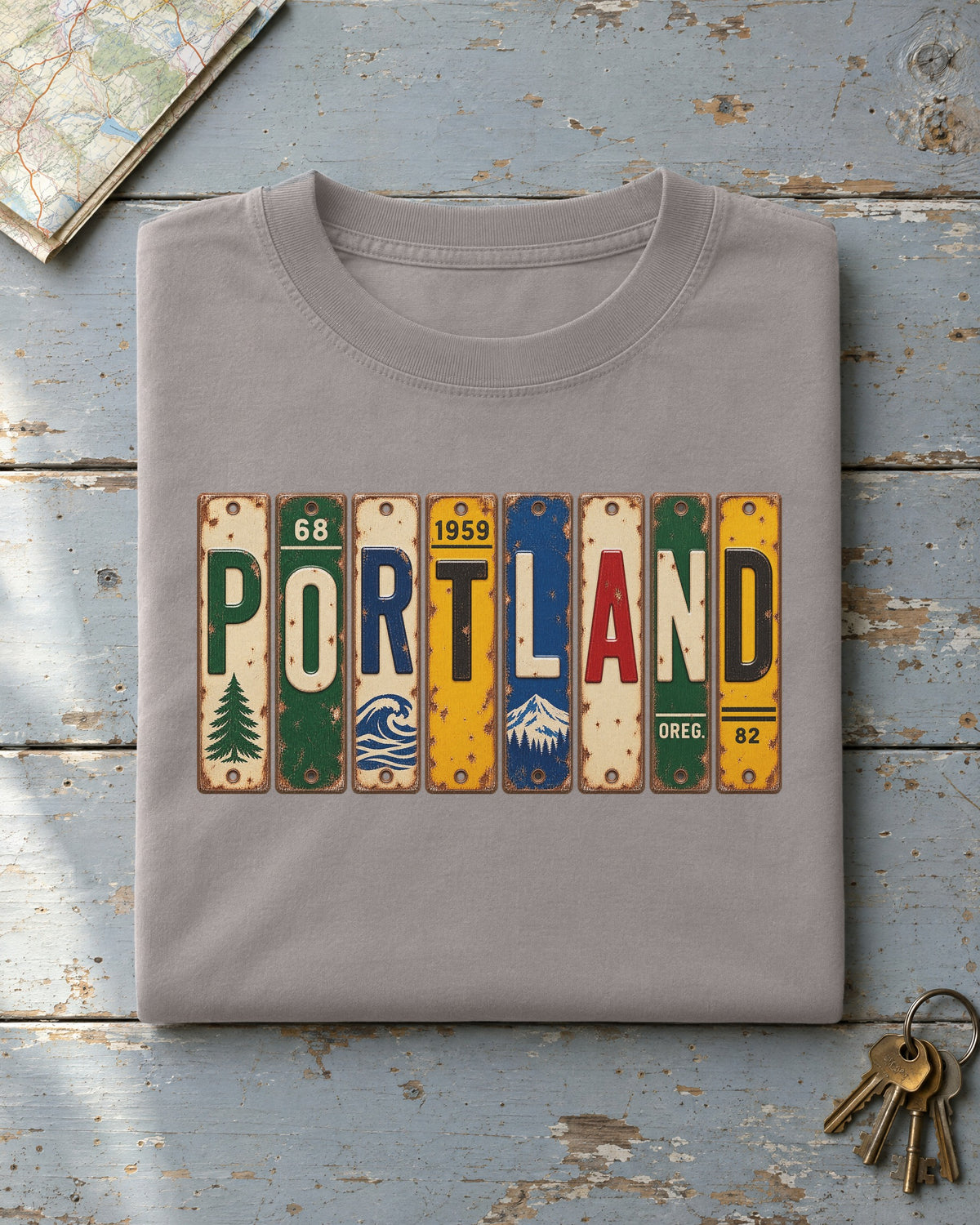 Portland, Oregon vintage license plate t-shirt in Grey