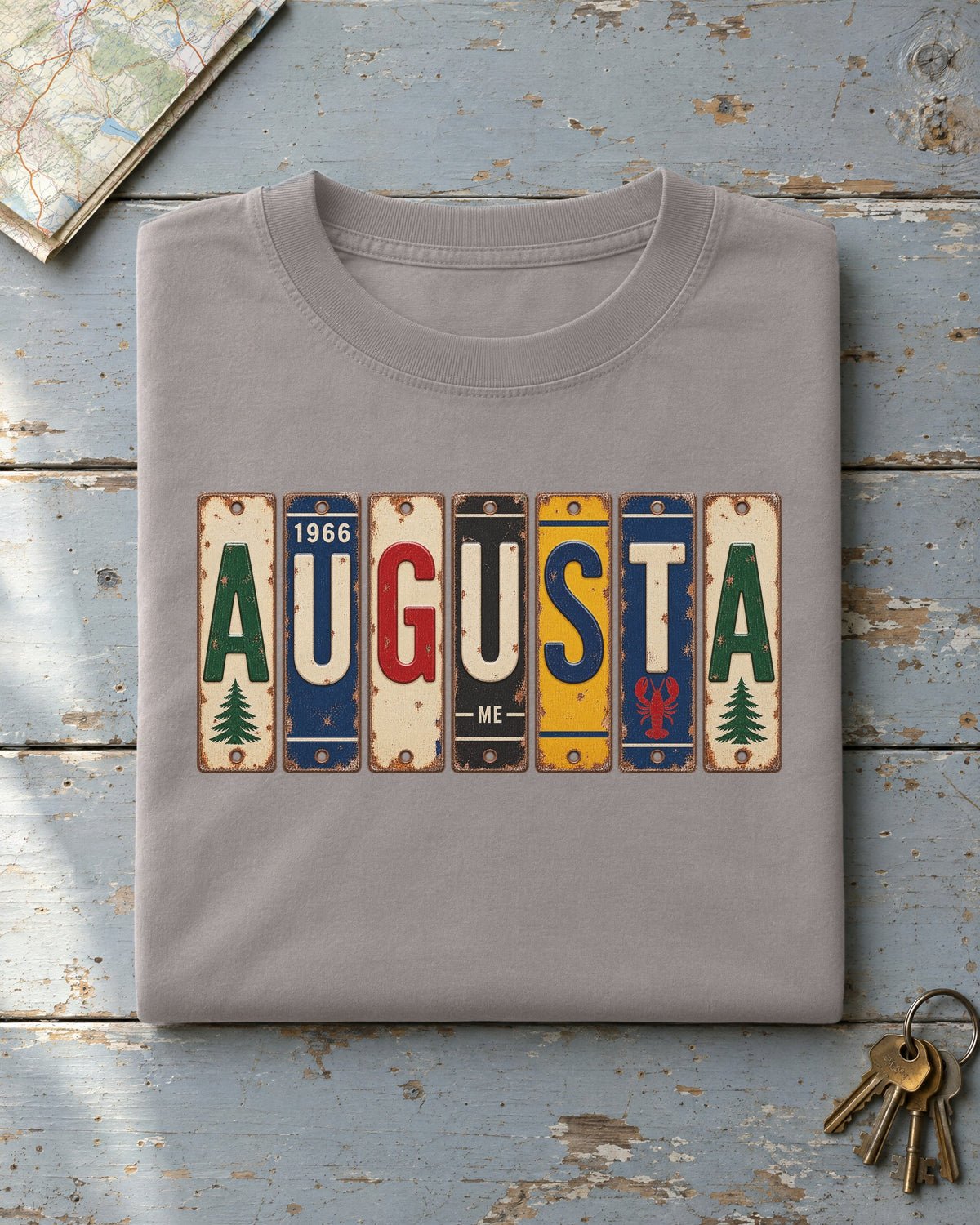 Augusta, Maine vintage license plate t-shirt in Grey