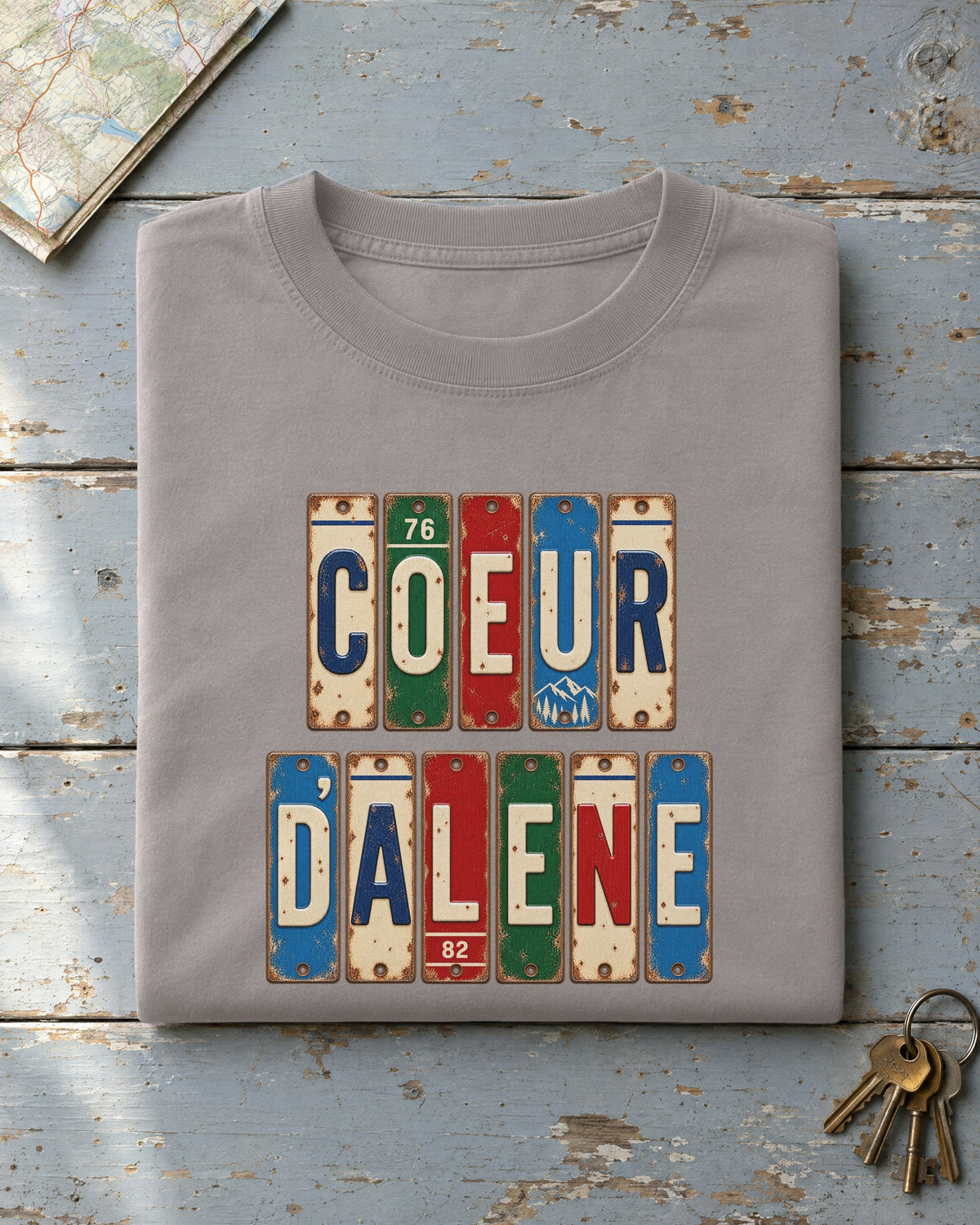 Coeur d'Alene, Idaho vintage license plate t-shirt in Grey