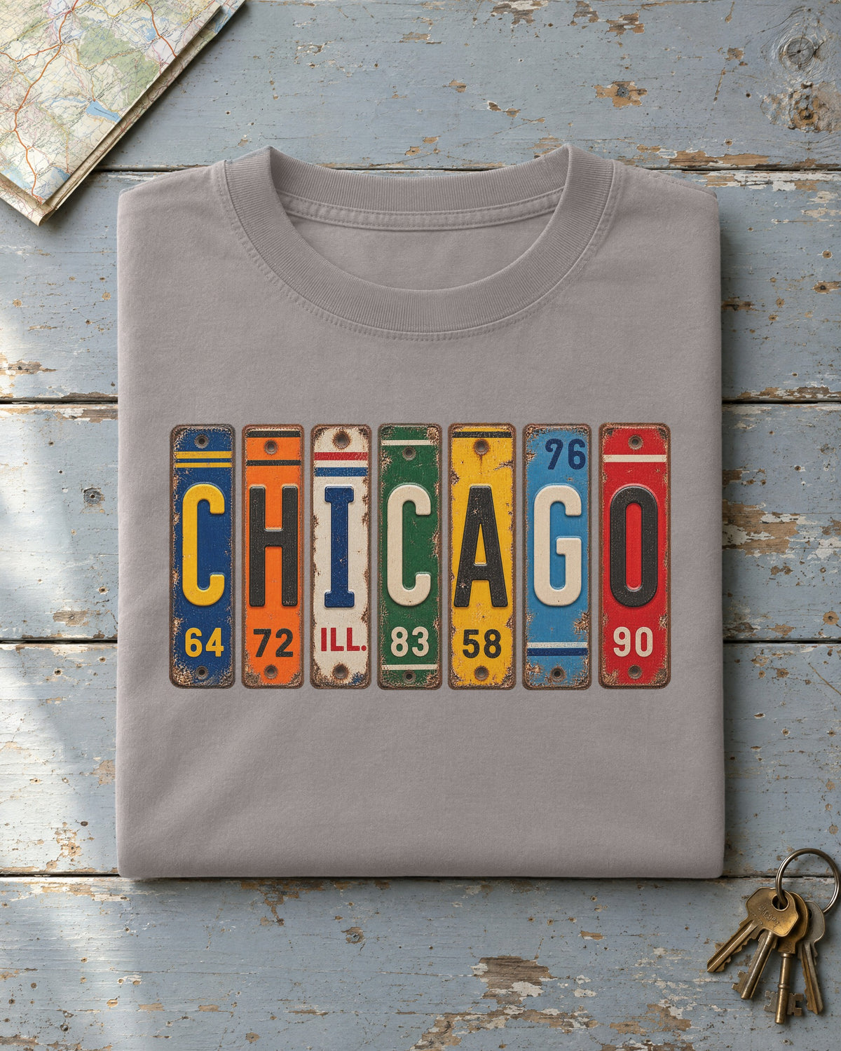 Chicago, Illinois vintage license plate t-shirt in Grey