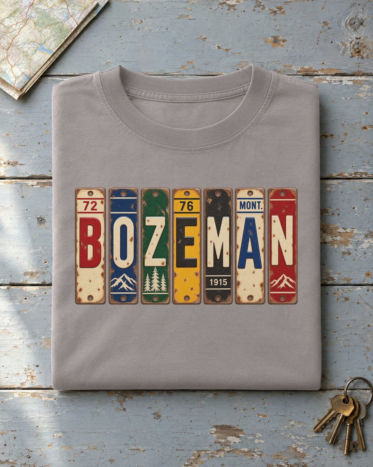Bozeman, Montana vintage license plate t-shirt in Grey