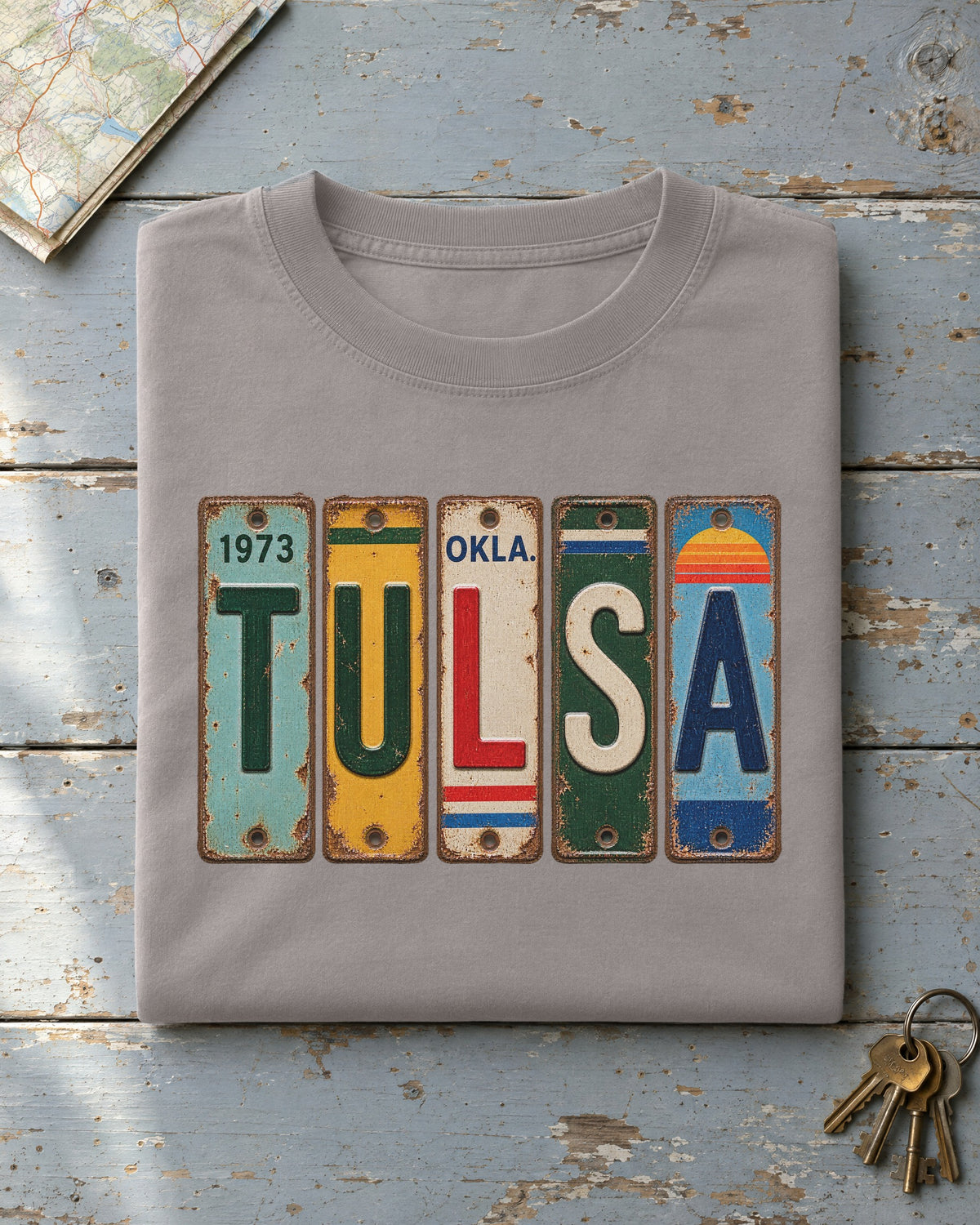 Tulsa, Oklahoma vintage license plate t-shirt in Grey