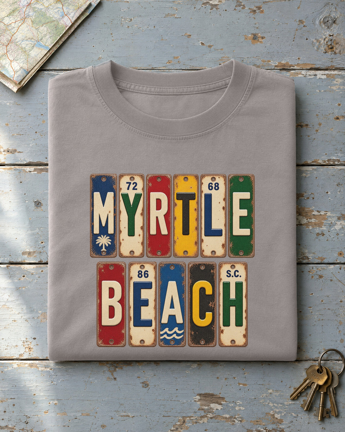 Myrtle Beach, South Carolina vintage license plate t-shirt in Grey