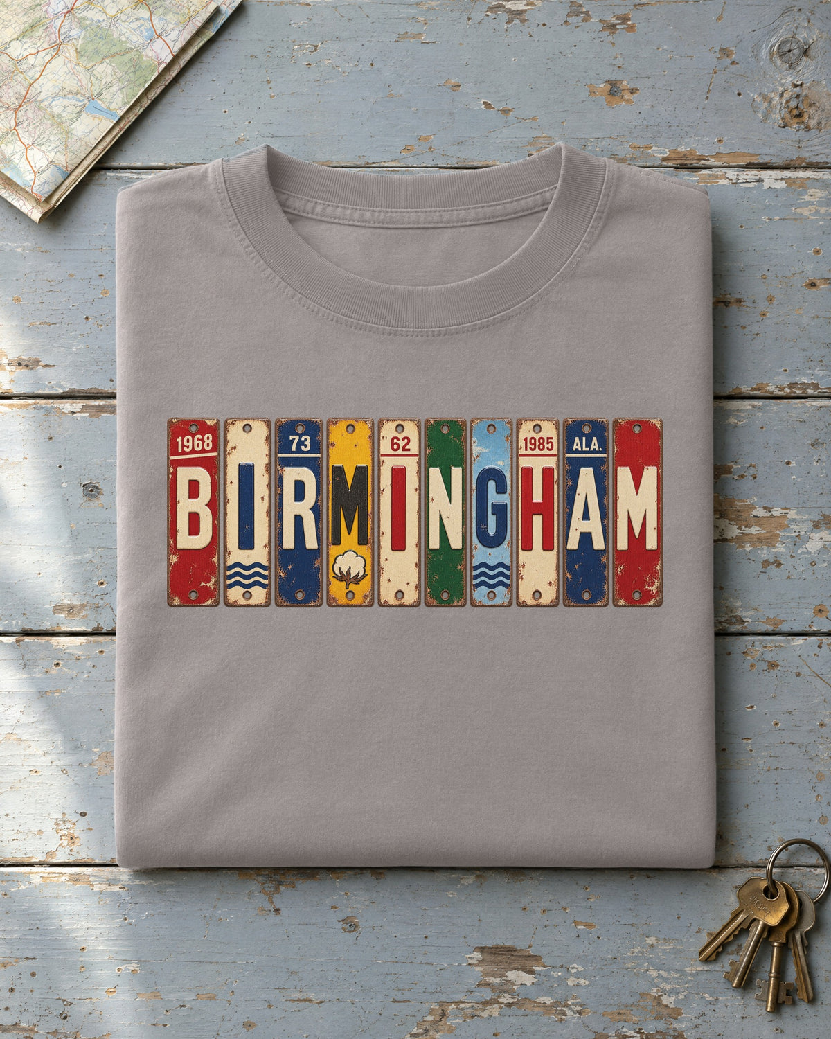 Birmingham, Alabama vintage license plate t-shirt in Grey