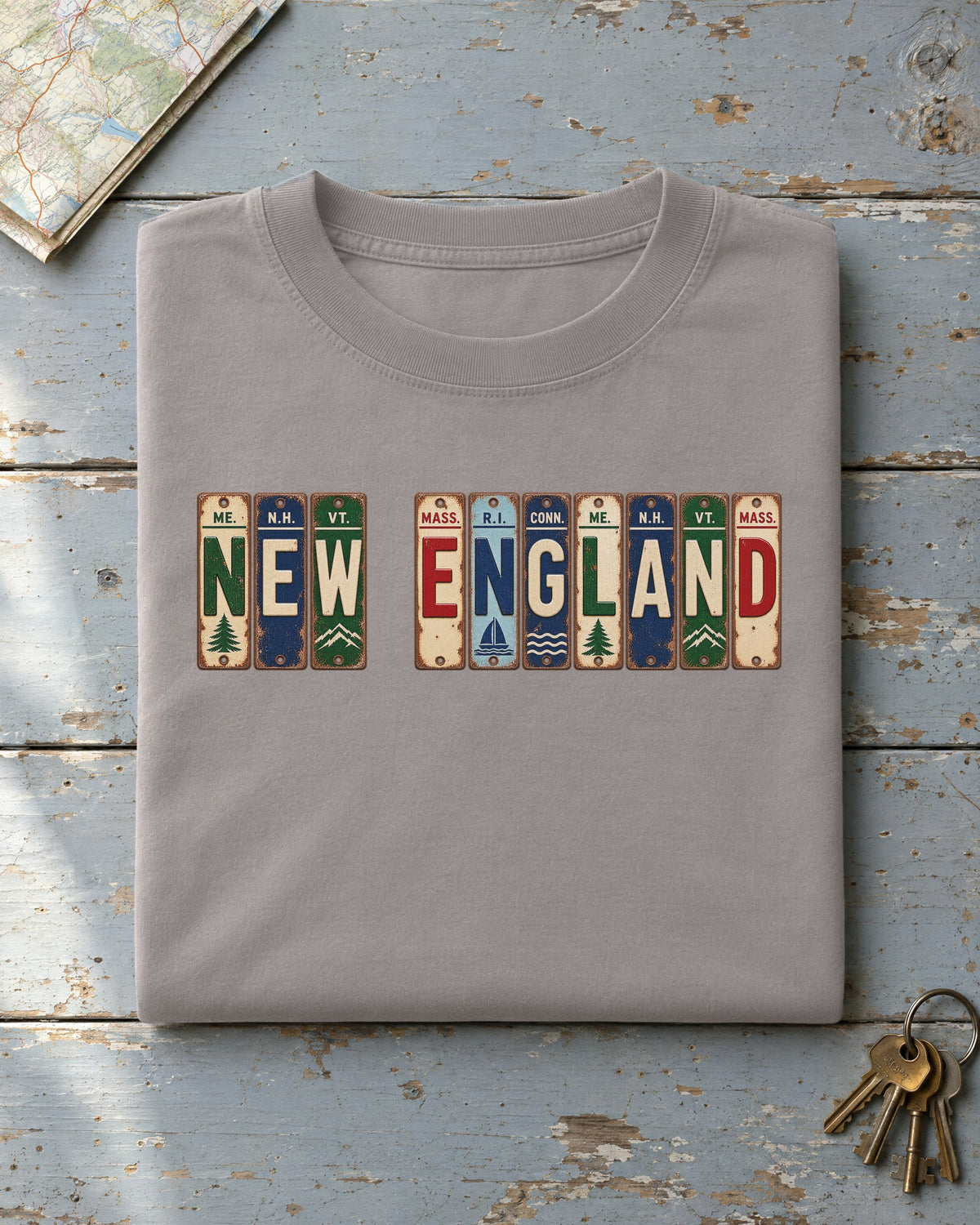 New England vintage license plate t-shirt in Grey
