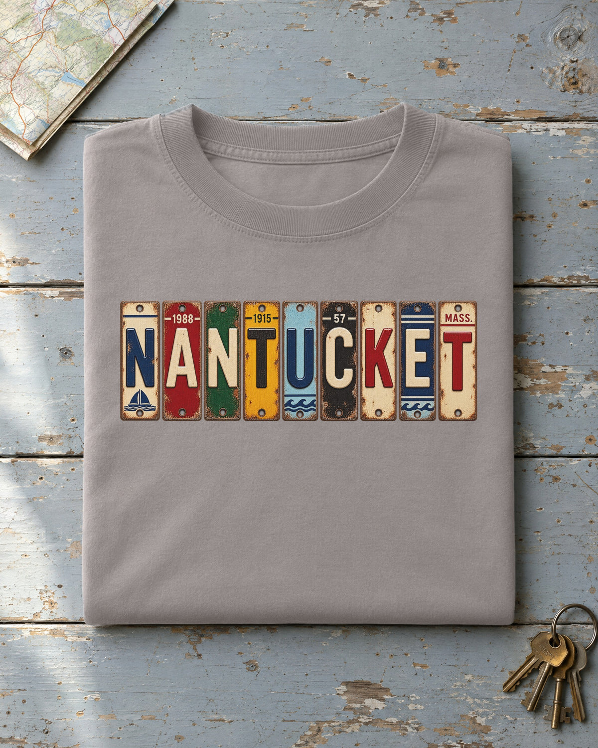 Nantucket, Massachusetts vintage license plate t-shirt in Grey
