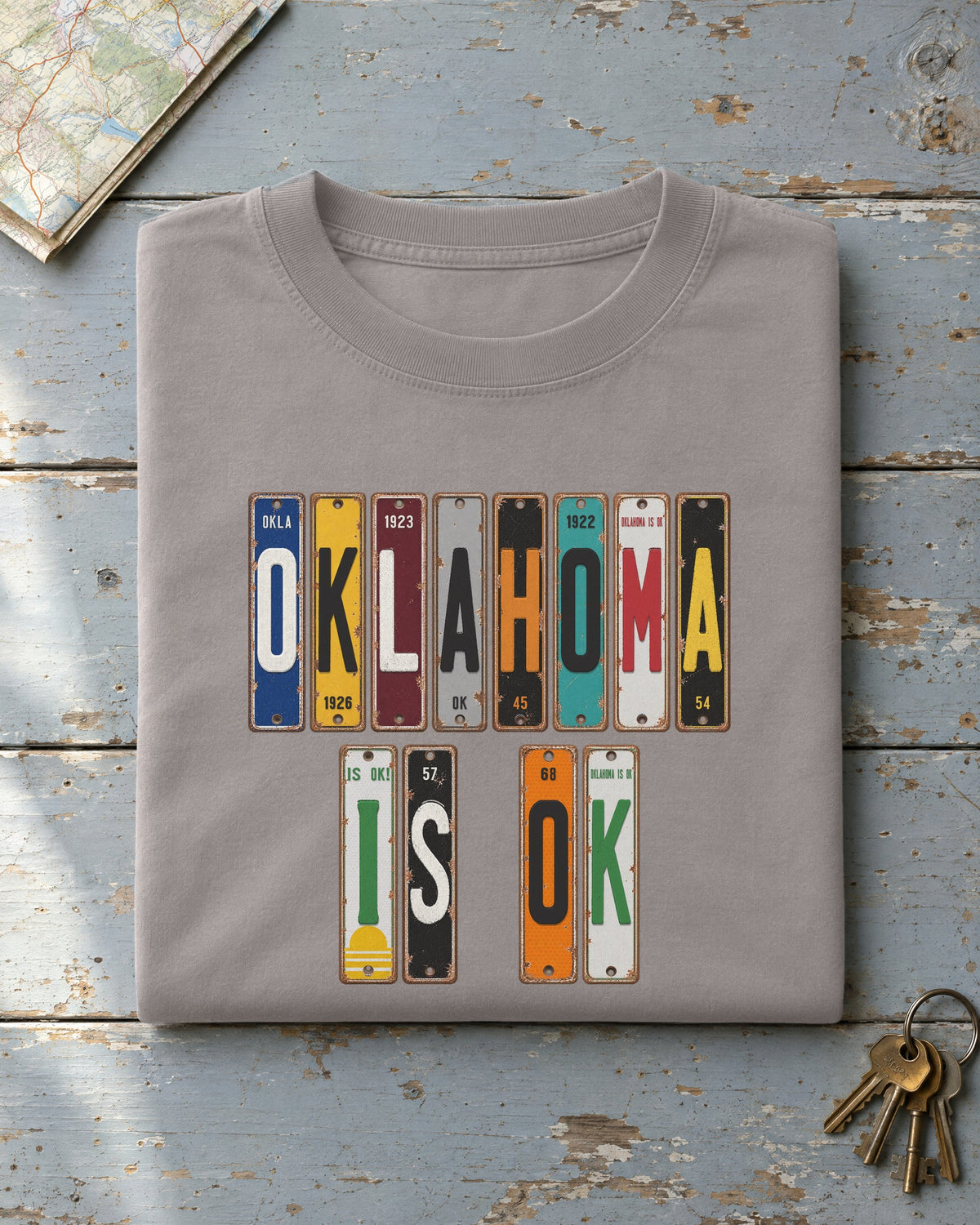 Oklahoma Is OK vintage license plate t-shirt in Grey