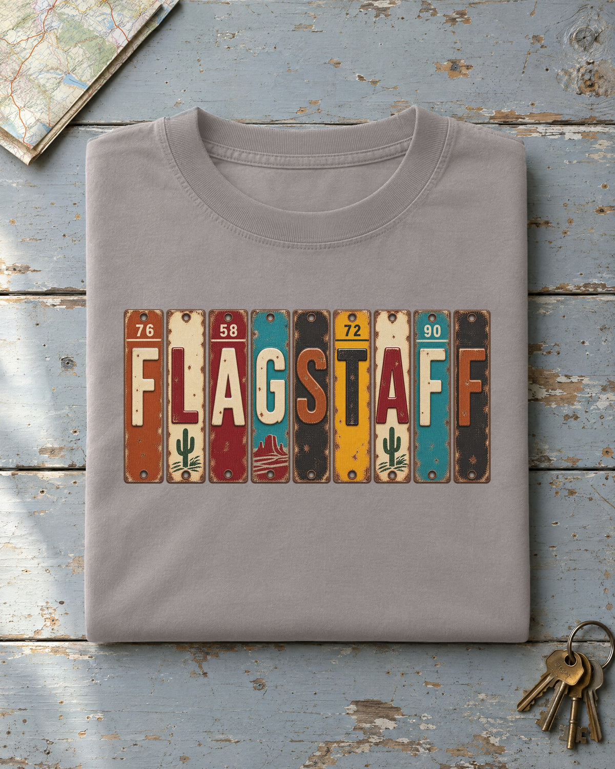 Flagstaff, Arizona vintage license plate t-shirt in Grey