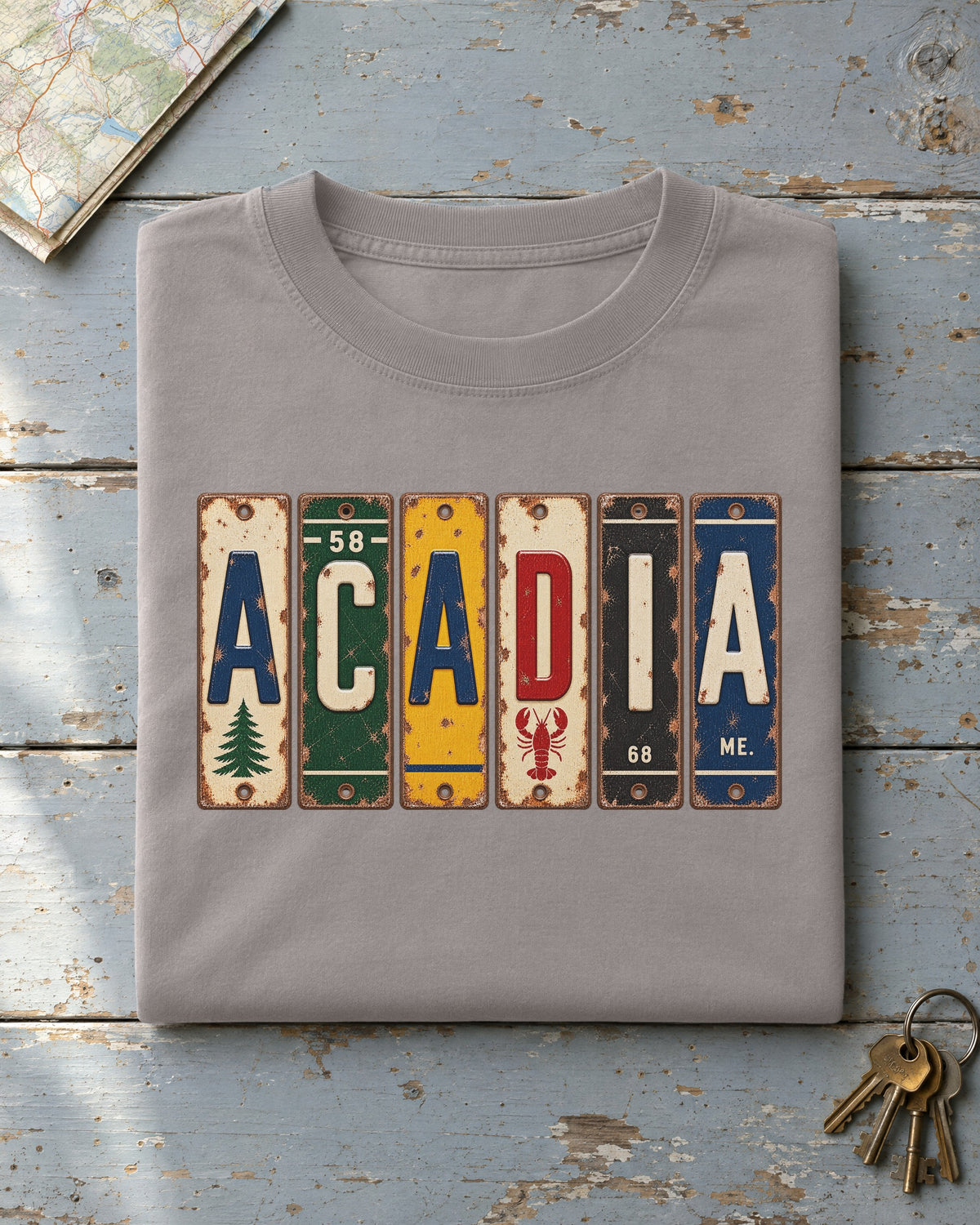 Acadia, Maine vintage license plate t-shirt in Grey