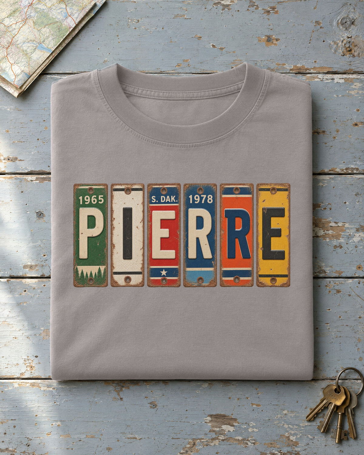 Pierre, South Dakota vintage license plate t-shirt in Grey