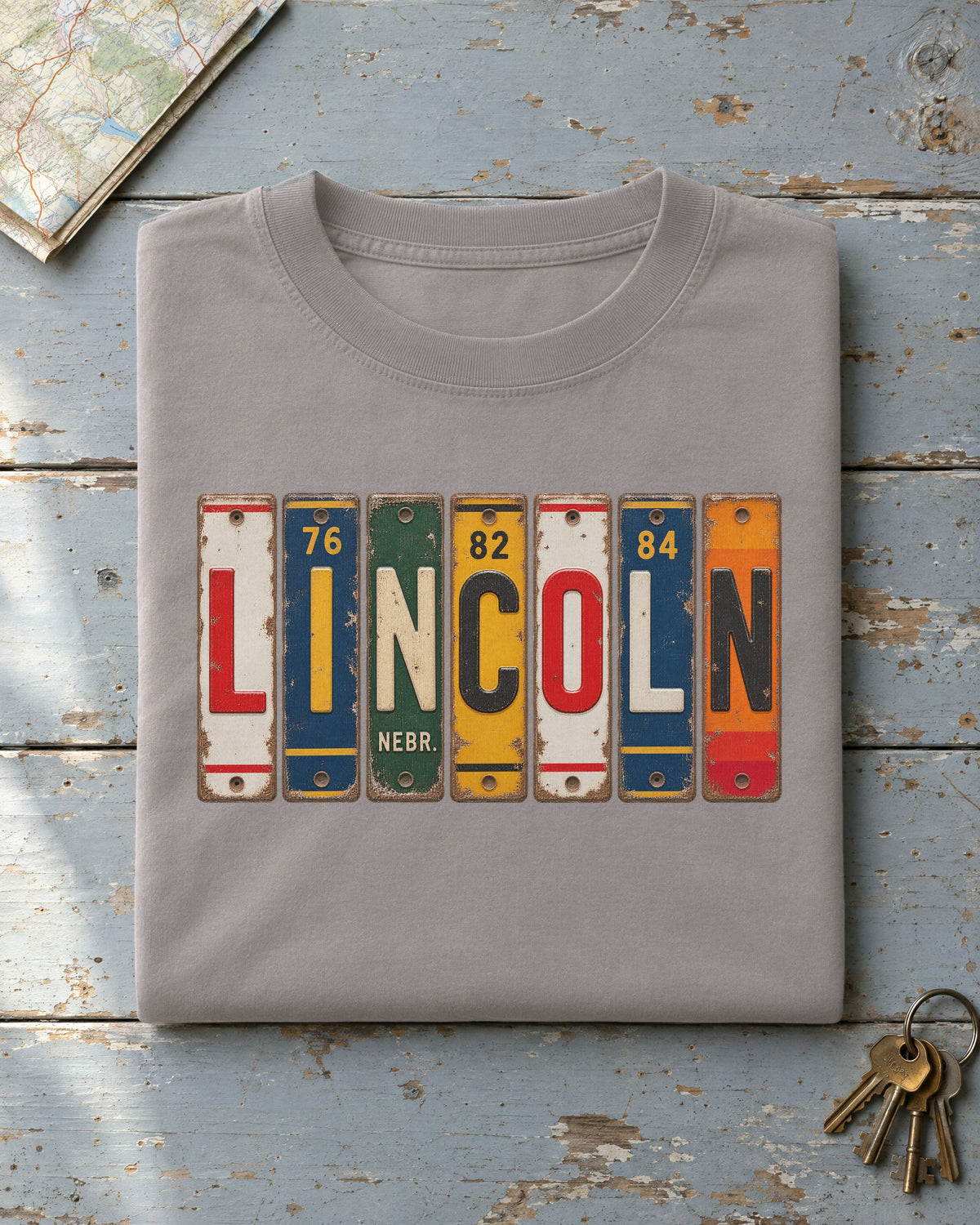 Lincoln, Nebraska vintage license plate t-shirt in Grey