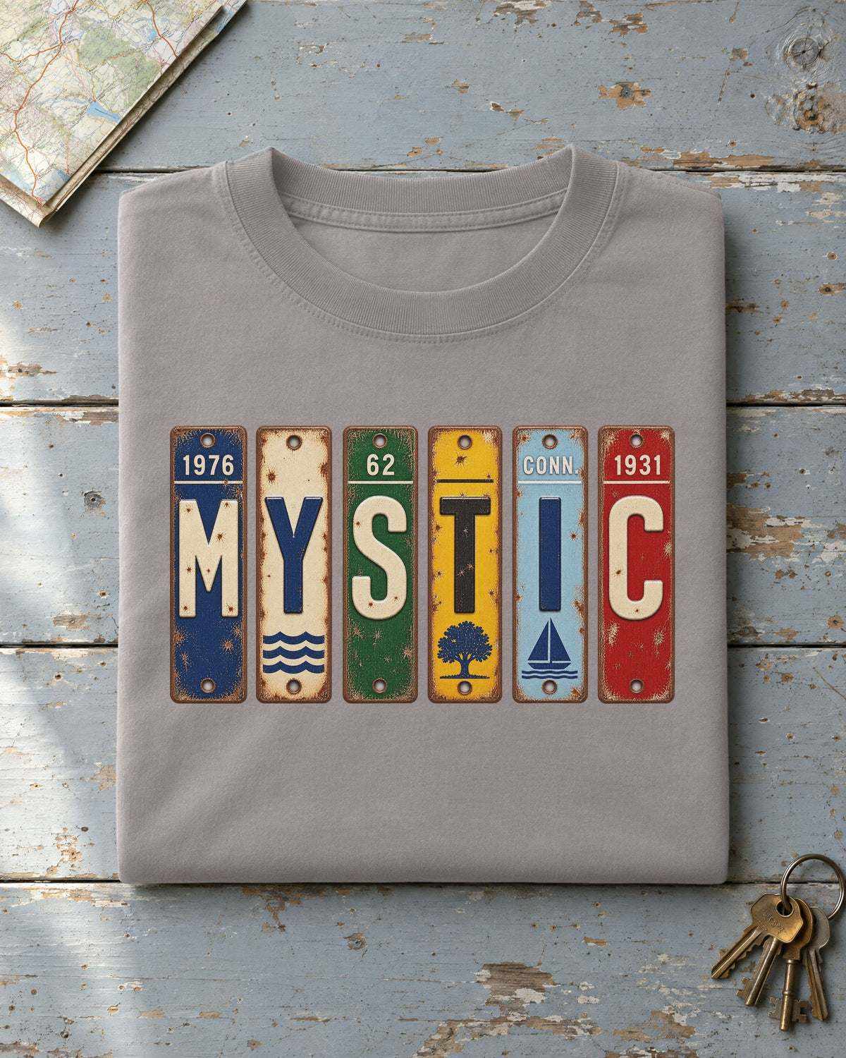 Mystic, Connecticut vintage license plate t-shirt in Grey