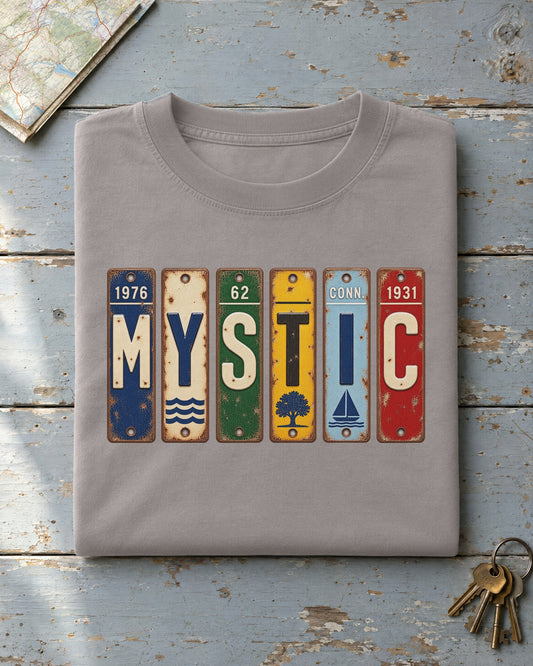 Mystic, Connecticut vintage license plate t-shirt in Grey