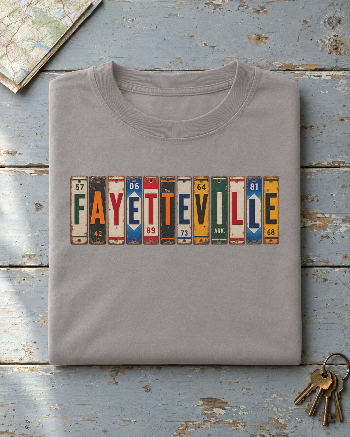 Fayetteville, Arkansas vintage license plate t-shirt in Grey