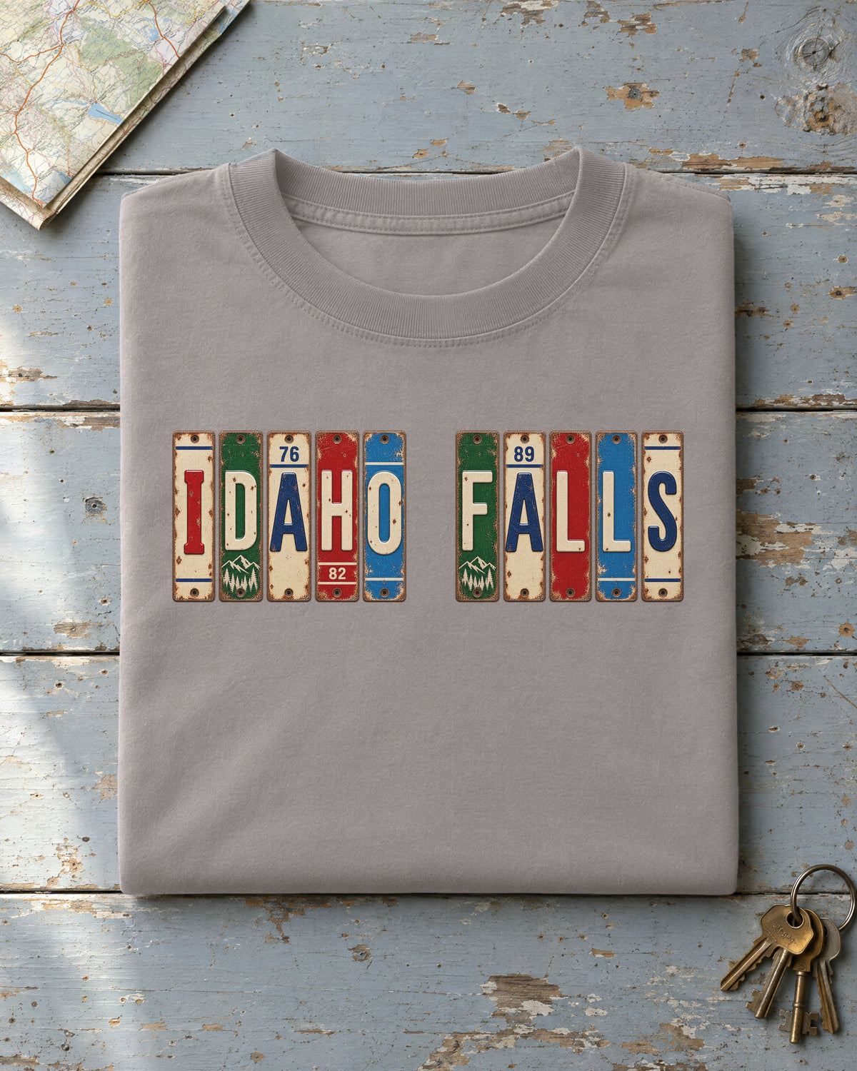 Idaho Falls, Idaho vintage license plate t-shirt in Grey
