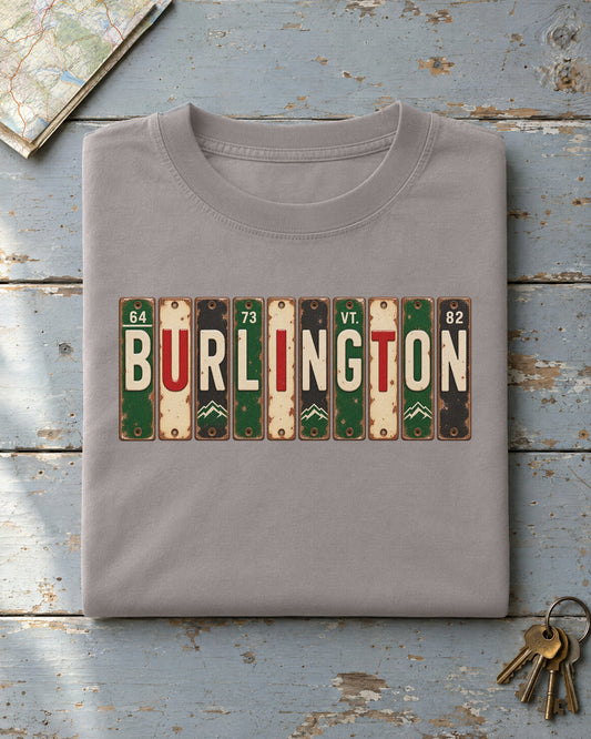 Burlington, Vermont vintage license plate t-shirt in Grey