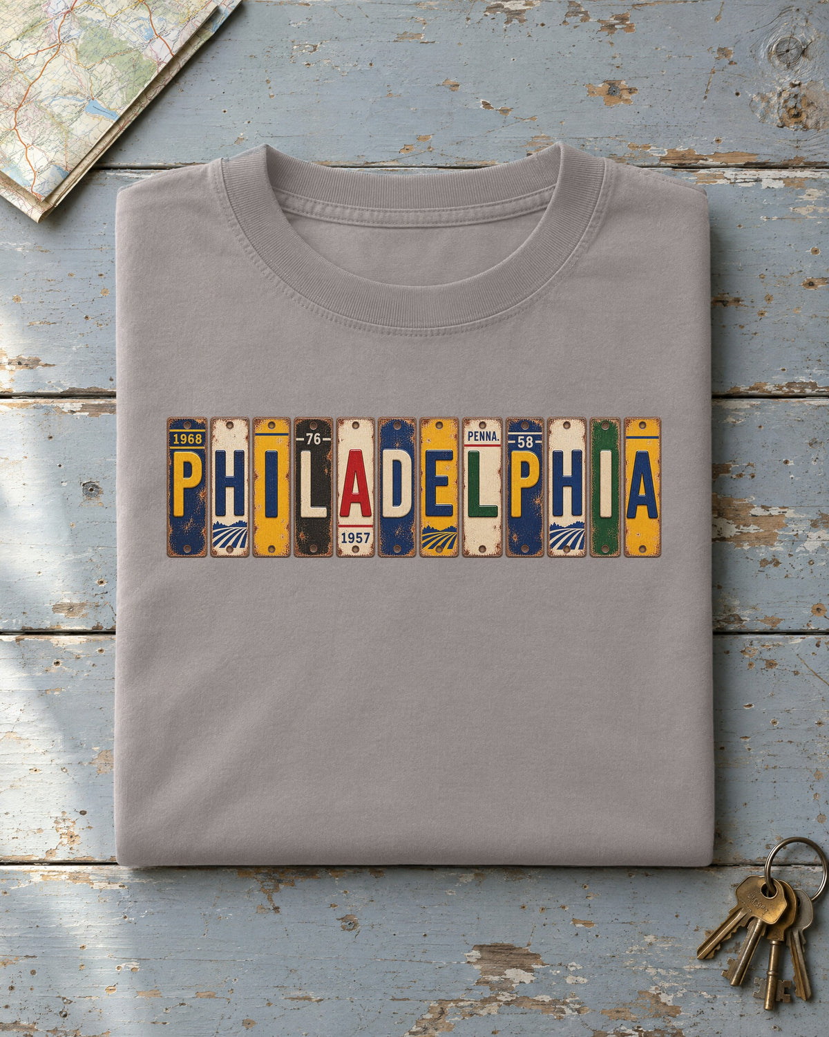 Philadelphia, Pennsylvania vintage license plate t-shirt in Grey