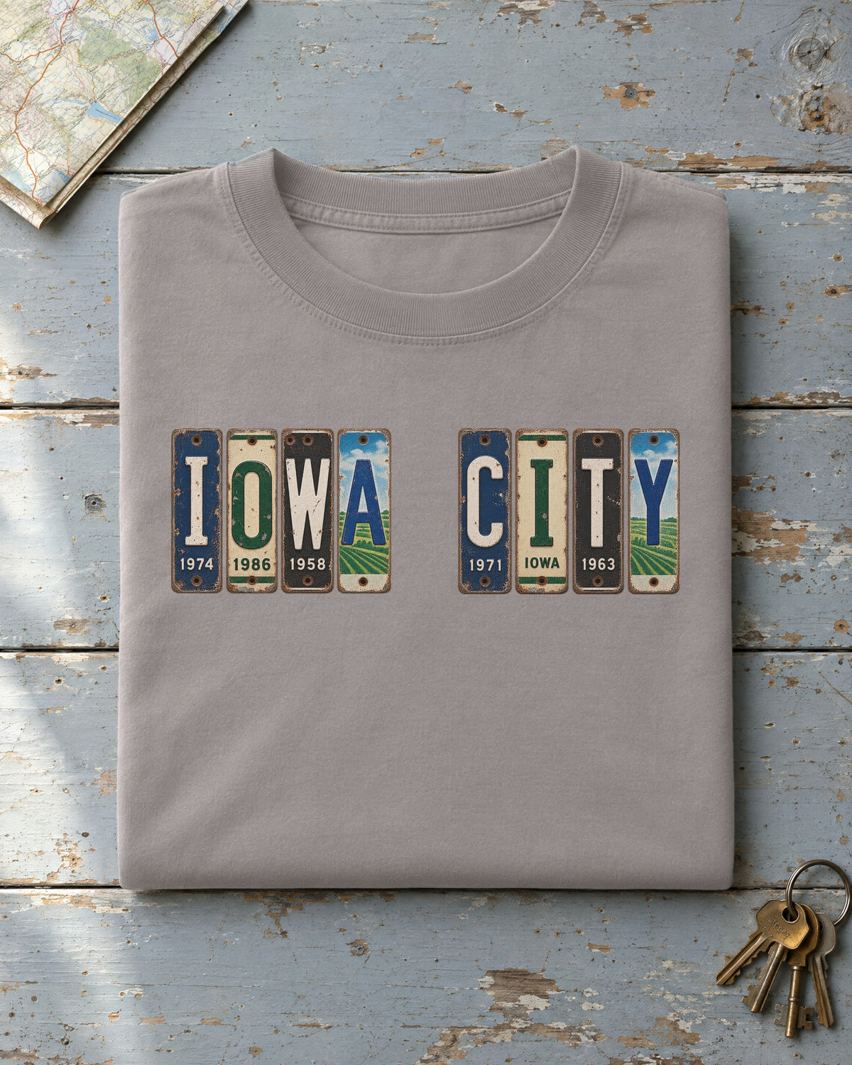 Iowa City, Iowa vintage license plate t-shirt in Grey
