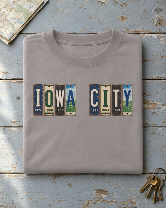 Iowa City, Iowa vintage license plate t-shirt in Grey