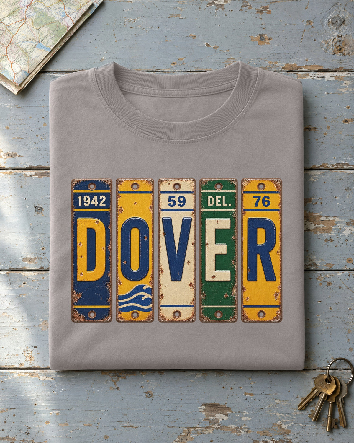 Dover, Delaware vintage license plate t-shirt in Grey
