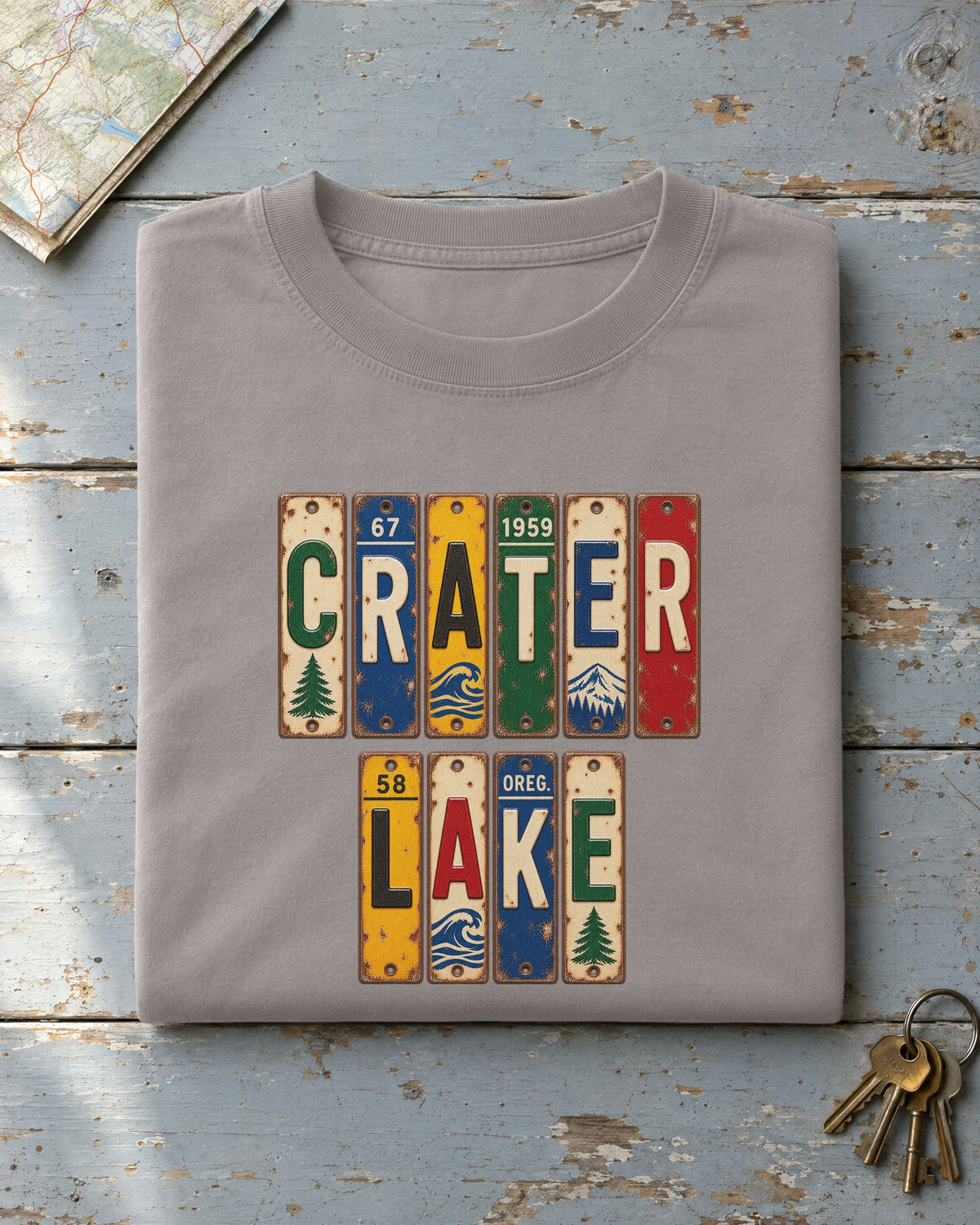 Crater Lake, Oregon vintage license plate t-shirt in Grey