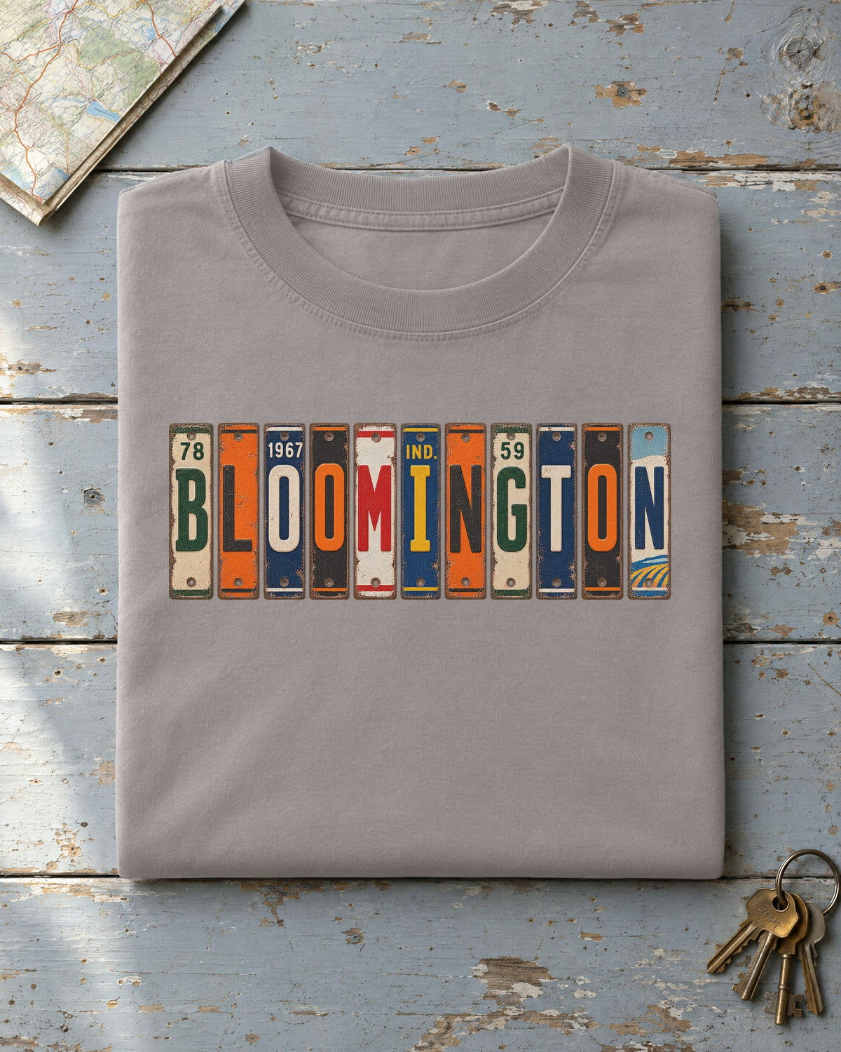 Bloomington, Indiana vintage license plate t-shirt in Grey