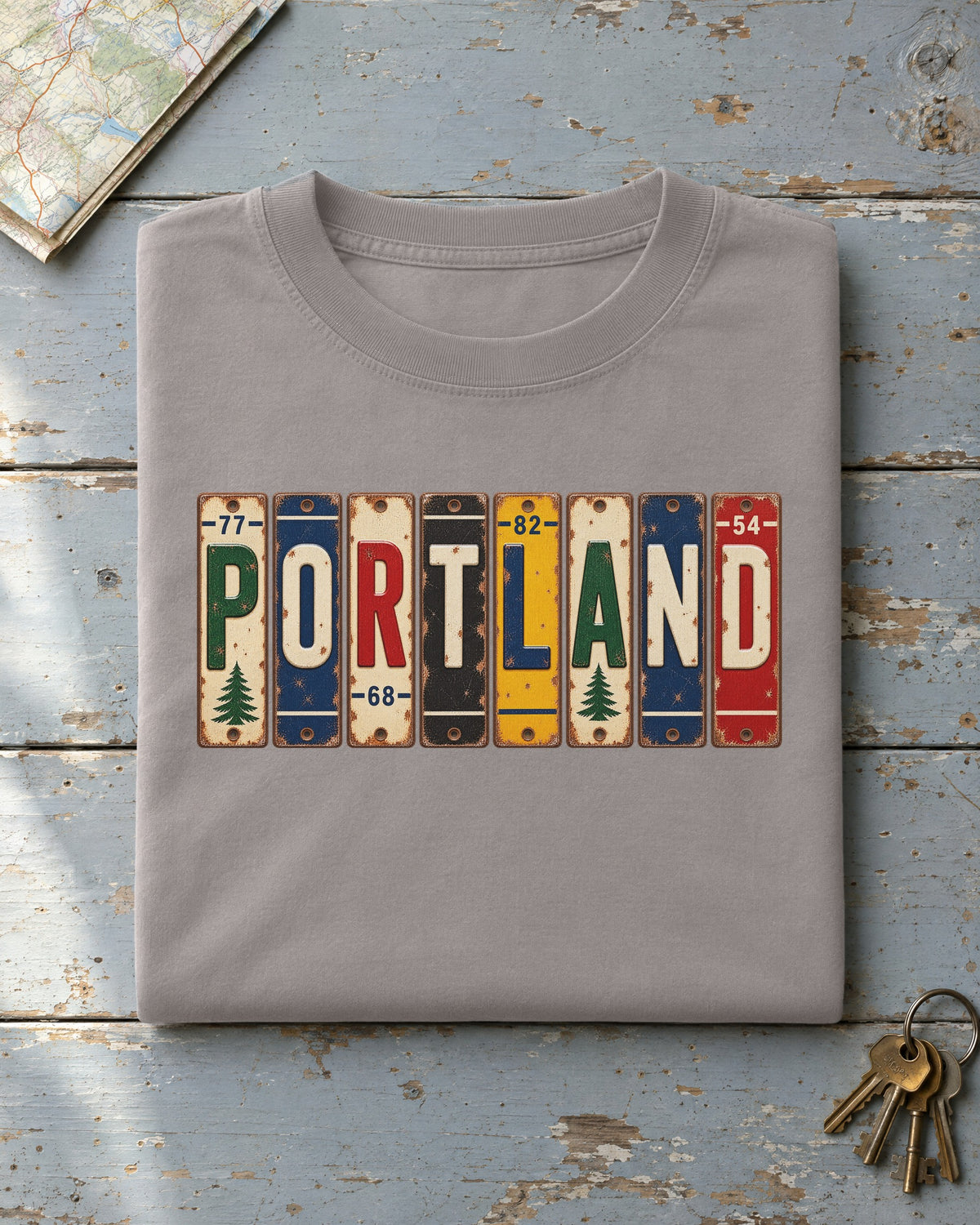 Portland, Maine vintage license plate t-shirt in Grey