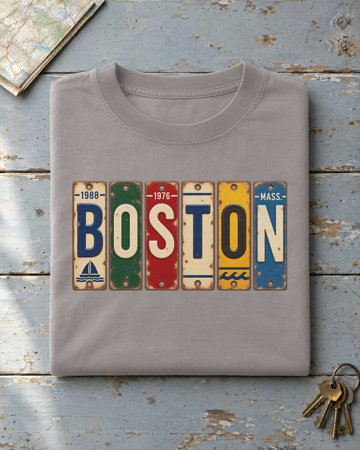 Boston, Massachusetts vintage license plate t-shirt in Grey