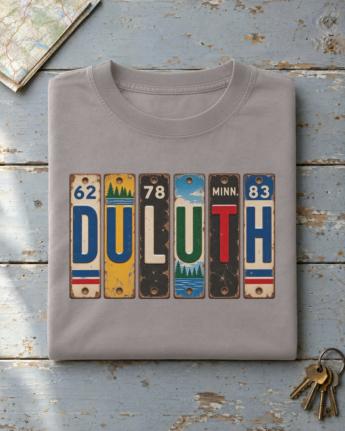 Duluth, Minnesota vintage license plate t-shirt in Grey