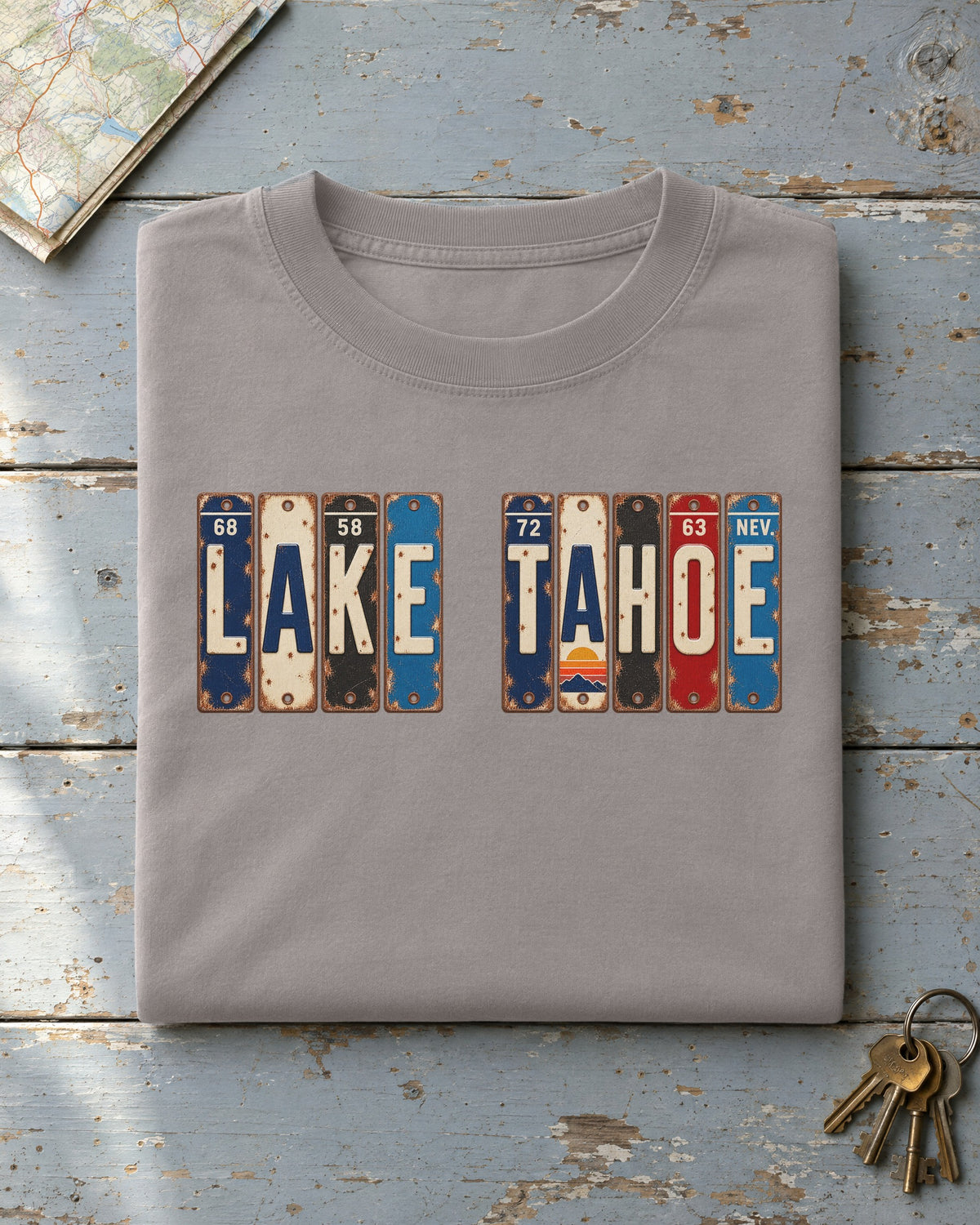 Lake Tahoe, Nevada vintage license plate t-shirt in Grey