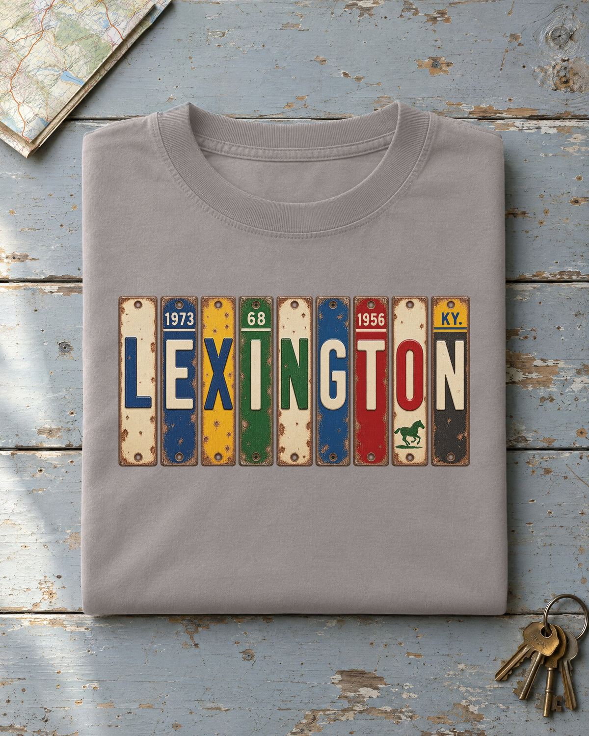 Lexington, Kentucky vintage license plate t-shirt in Grey