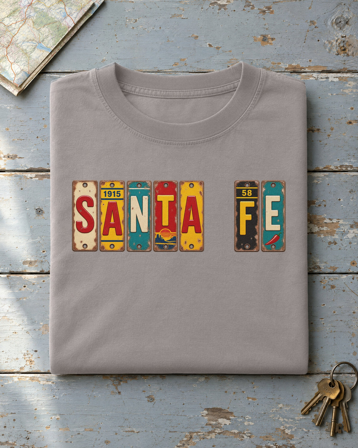 Santa Fe, New Mexico vintage license plate t-shirt in Grey