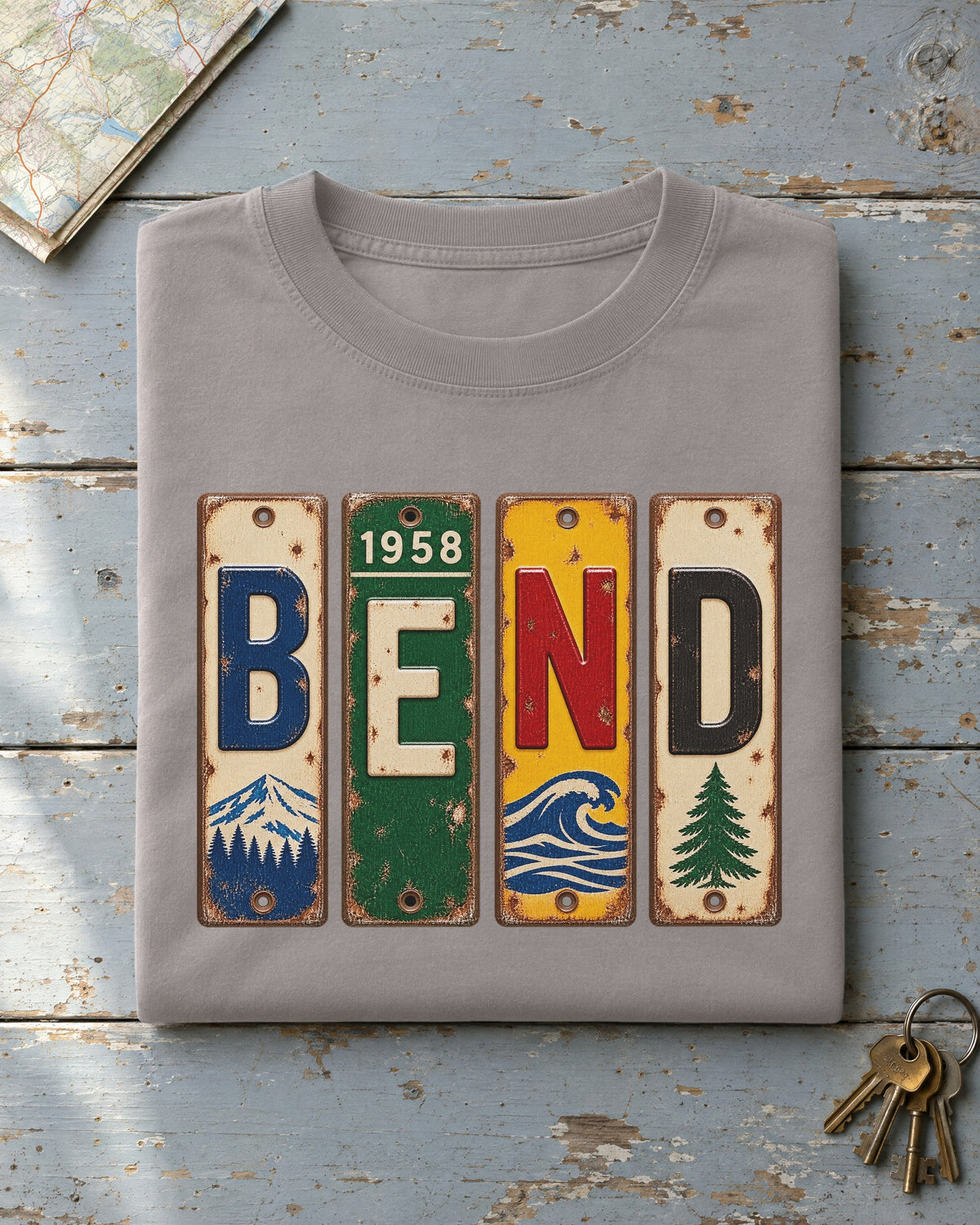Bend, Oregon vintage license plate t-shirt in Grey
