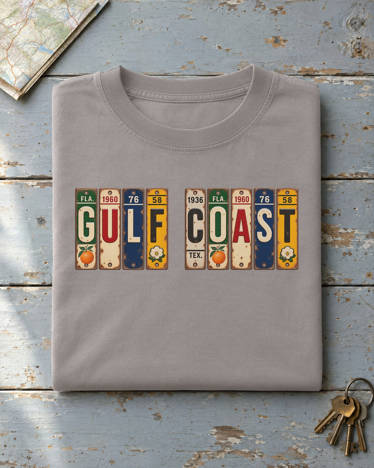 Gulf Coast vintage license plate t-shirt in Grey