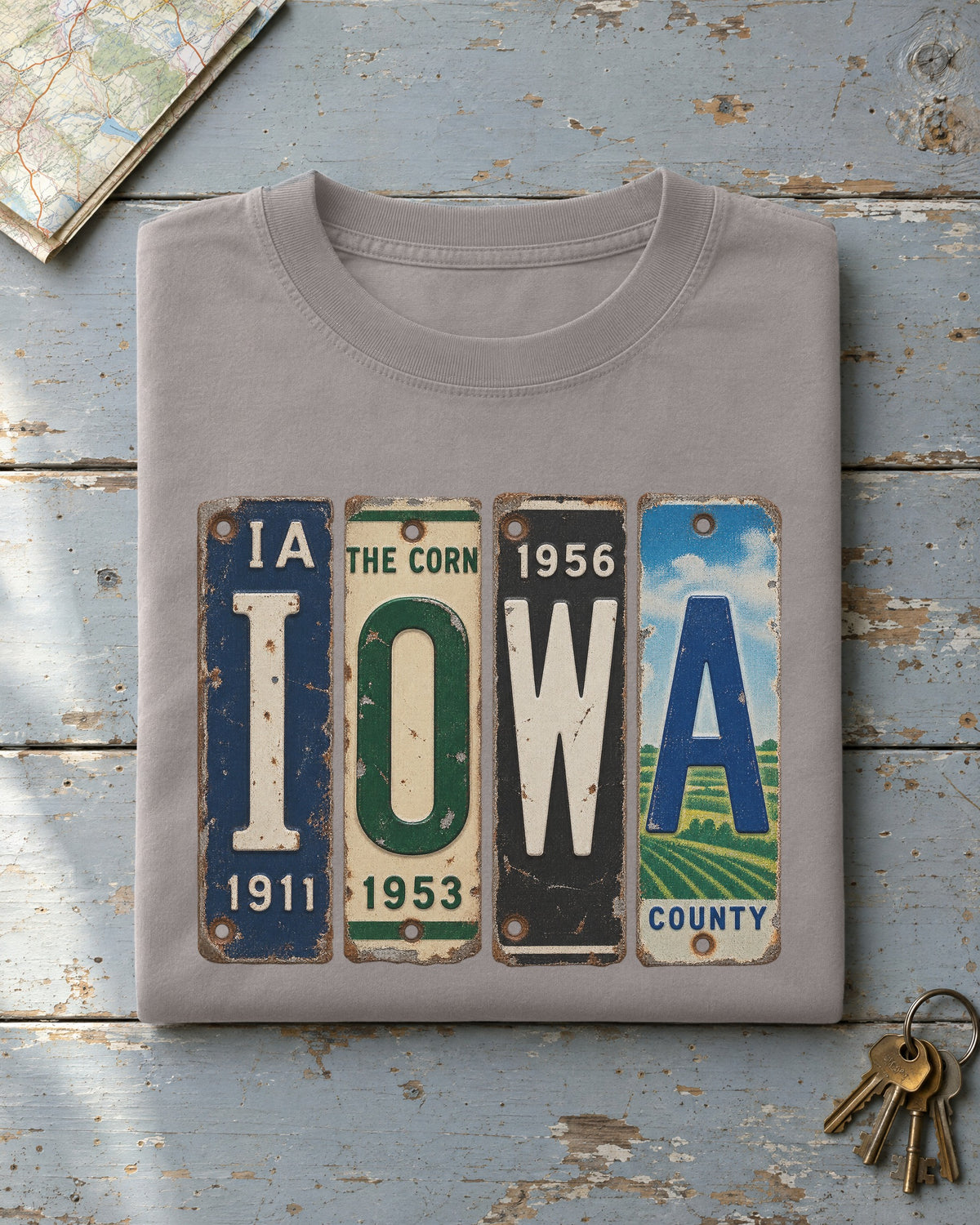Iowa vintage license plate t-shirt in Grey