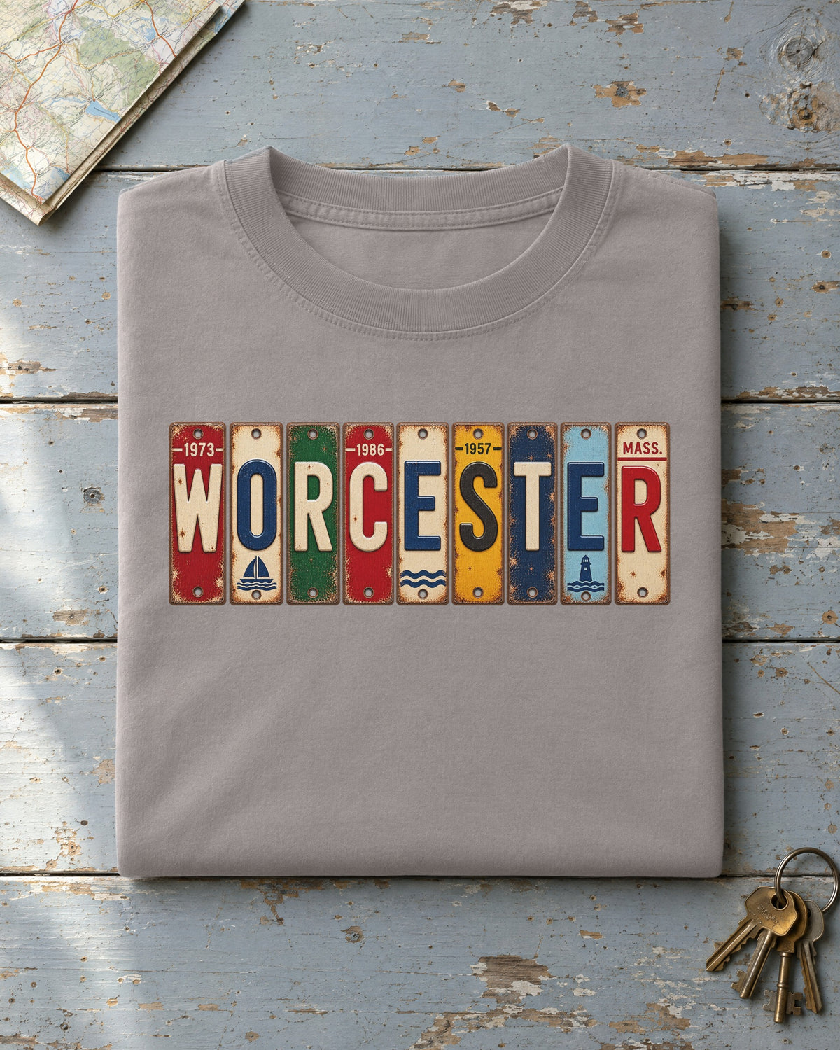 Worcester, Massachusetts vintage license plate t-shirt in Grey