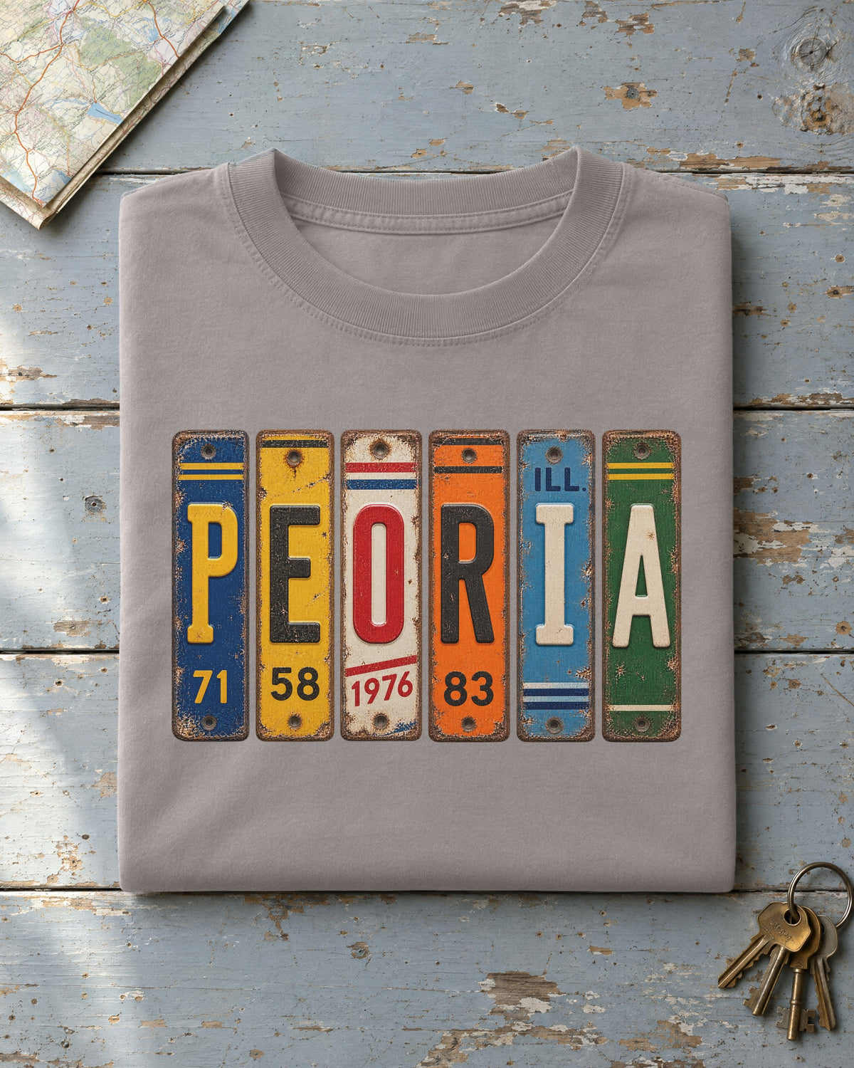 Peoria, Illinois vintage license plate t-shirt in Grey